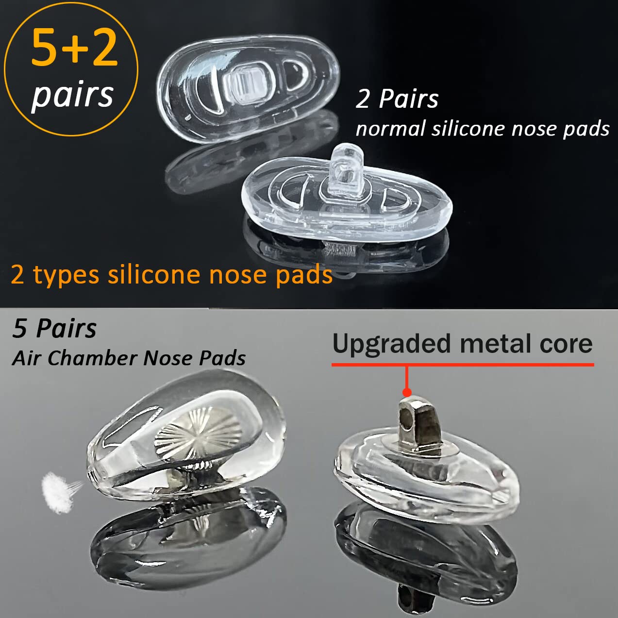 Air-chamber silicone nose pads with silver metal core – 5 pairs, front view