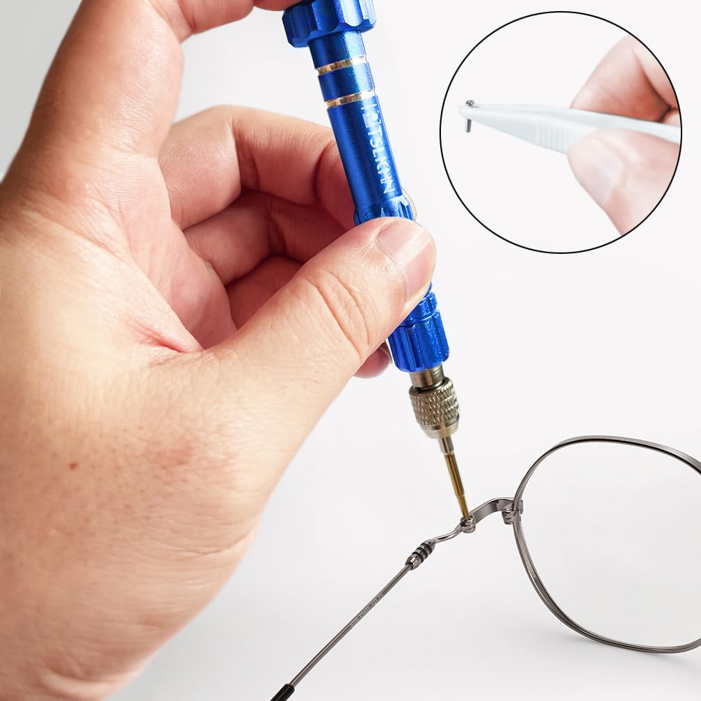 Complete eyeglass repair kit laid out with screws and storage