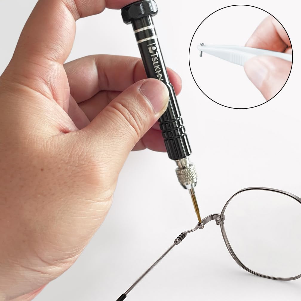 Eyeglass repair kit laid out on a table with glasses