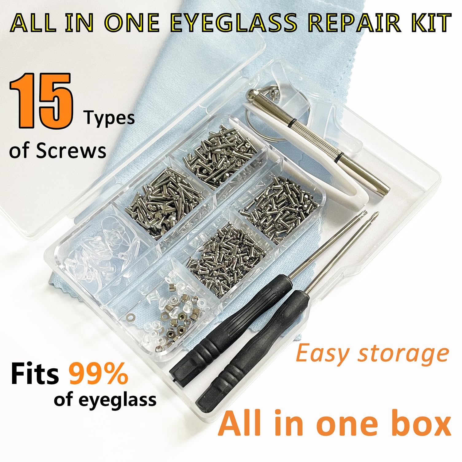 Close-up of the 15 screw types included in the PTSLKHN eyeglass repair kit