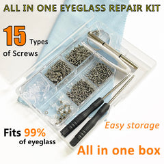 Close-up of the 15 screw types included in the PTSLKHN eyeglass repair kit