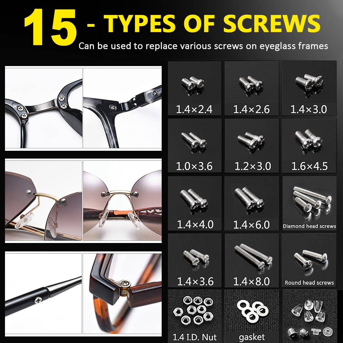 Kit tools: screwdriver, tweezers, and cleaning cloth for eyeglasses