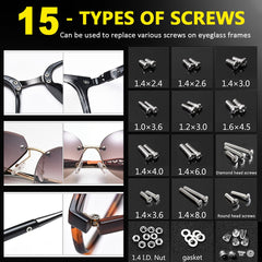 Kit tools: screwdriver, tweezers, and cleaning cloth for eyeglasses