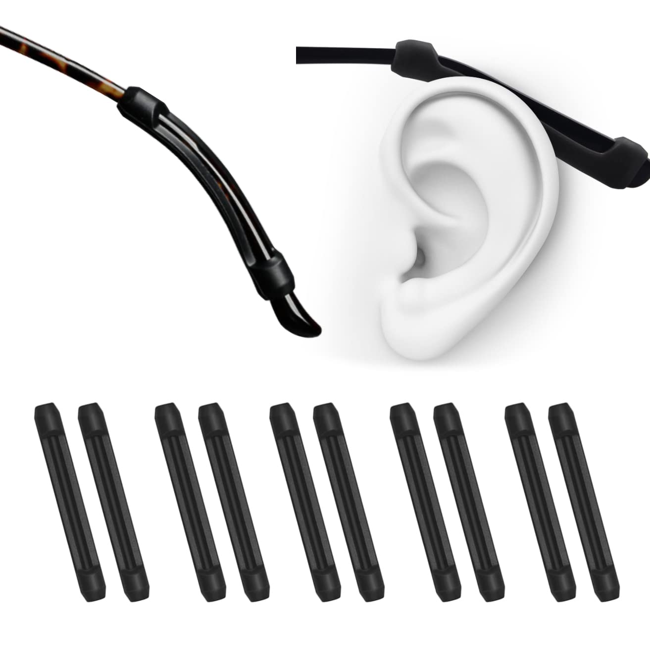 PTSLKHN silicone eyeglass ear cushions (black) – 5 pairs with packaging