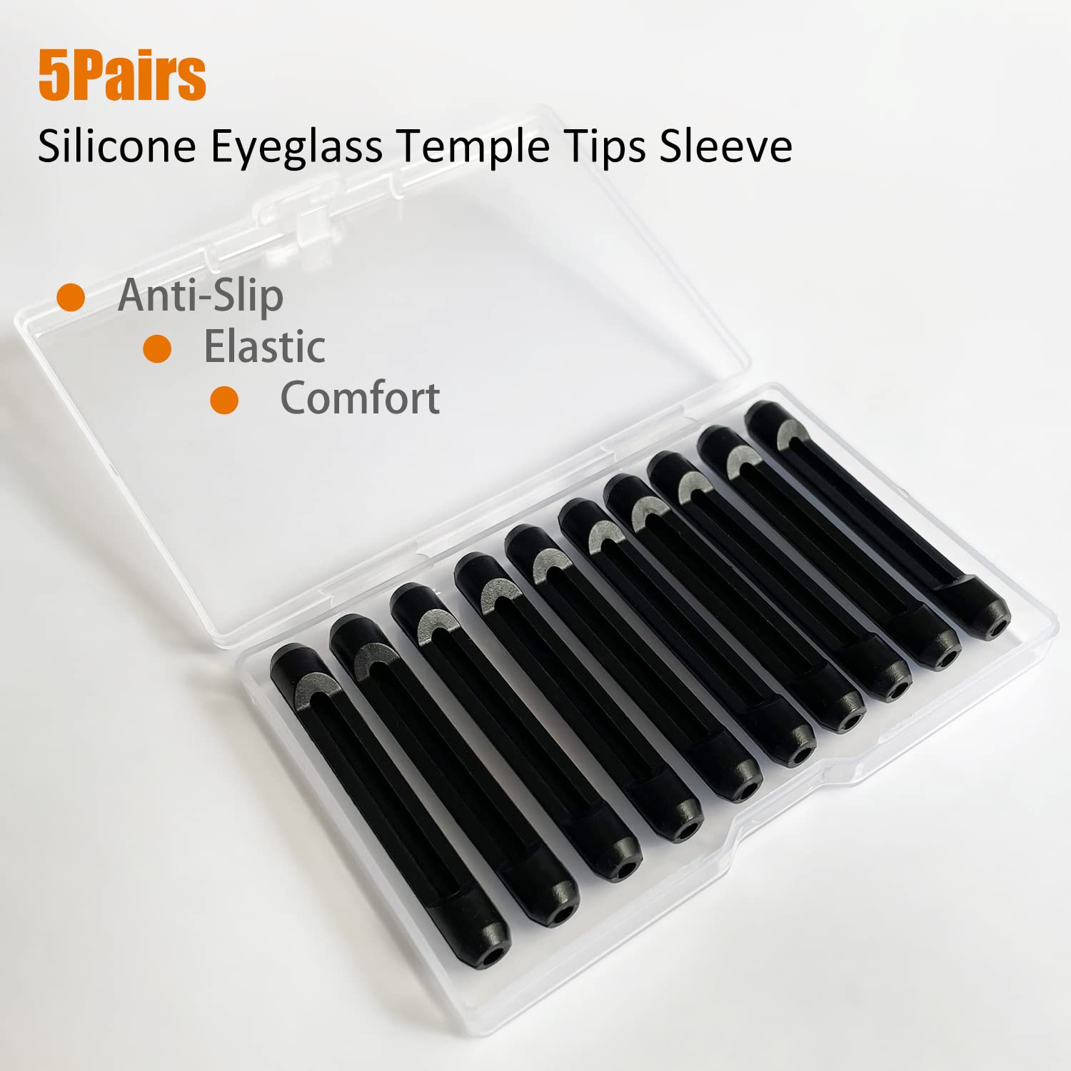 Close-up of black silicone temple tips showing anti-slip texture