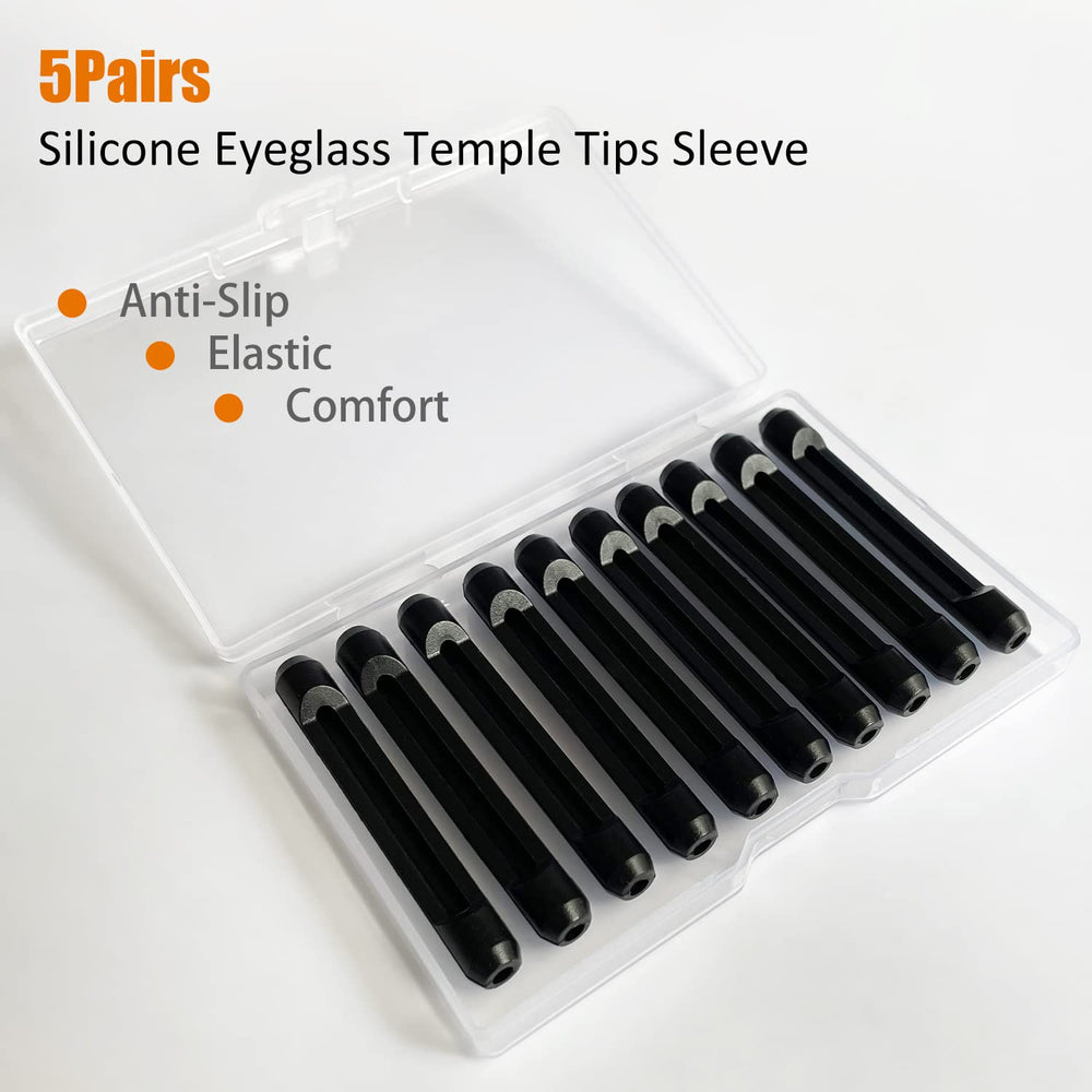 Close-up of black silicone temple tips showing anti-slip texture