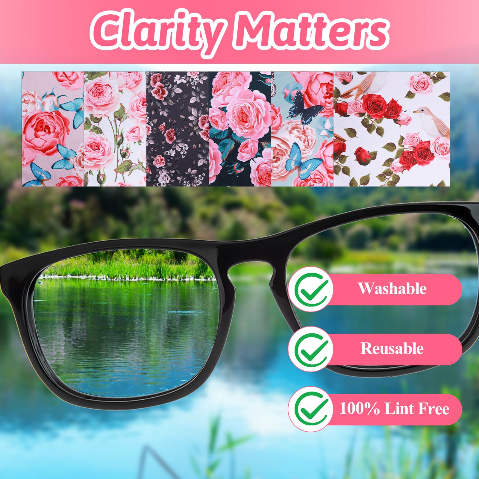Six colorful Ptwola cleaning cloths displayed for glasses and lenses