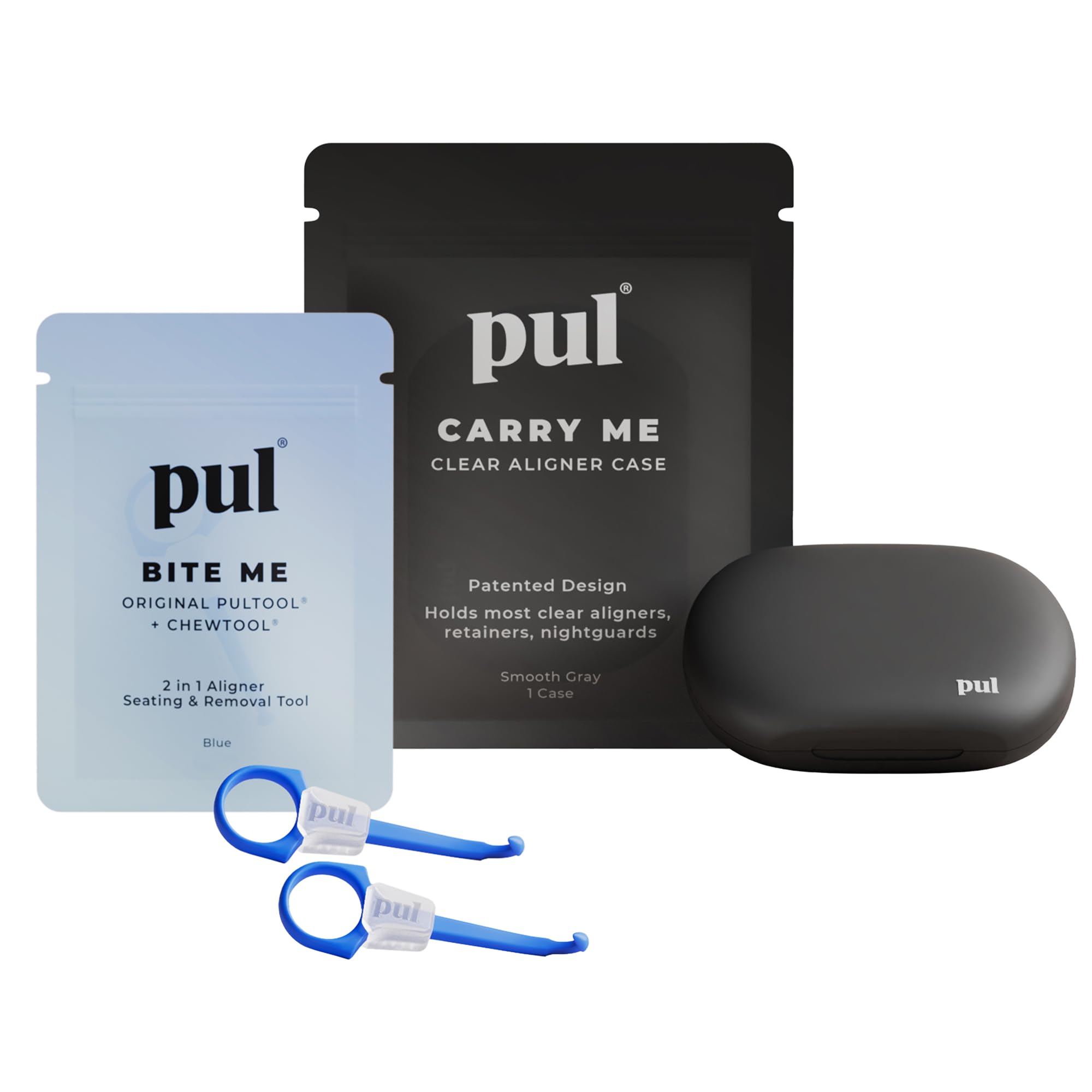 Front view of PUL Aligner Care Kit with gray case and blue tools