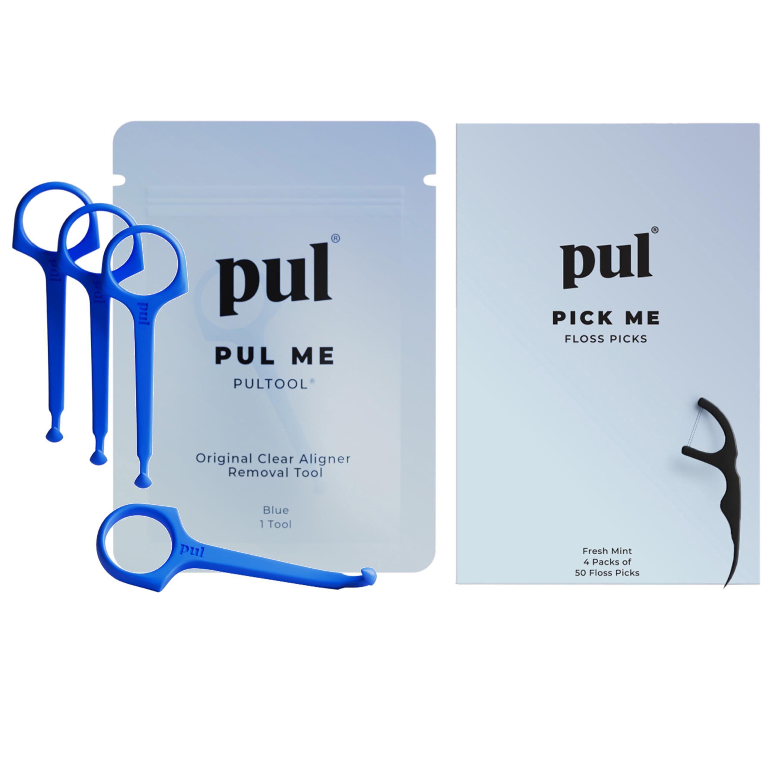 PUL Dental Care Bundle box showing 200 floss picks and 4-pack aligner removal tools