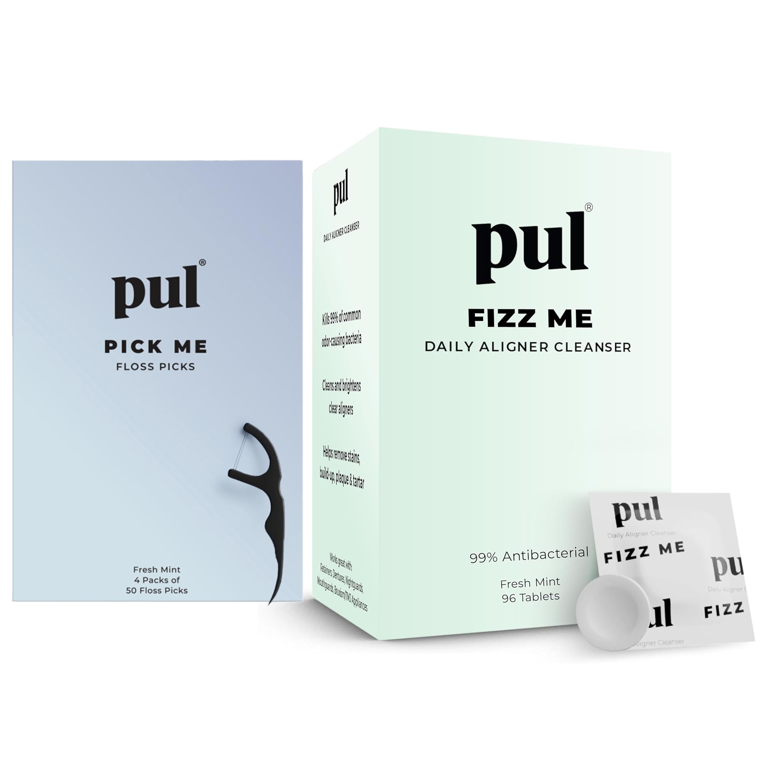 PUL Dental Care Bundle box with 96 cleaner tablets and 200 mint floss picks