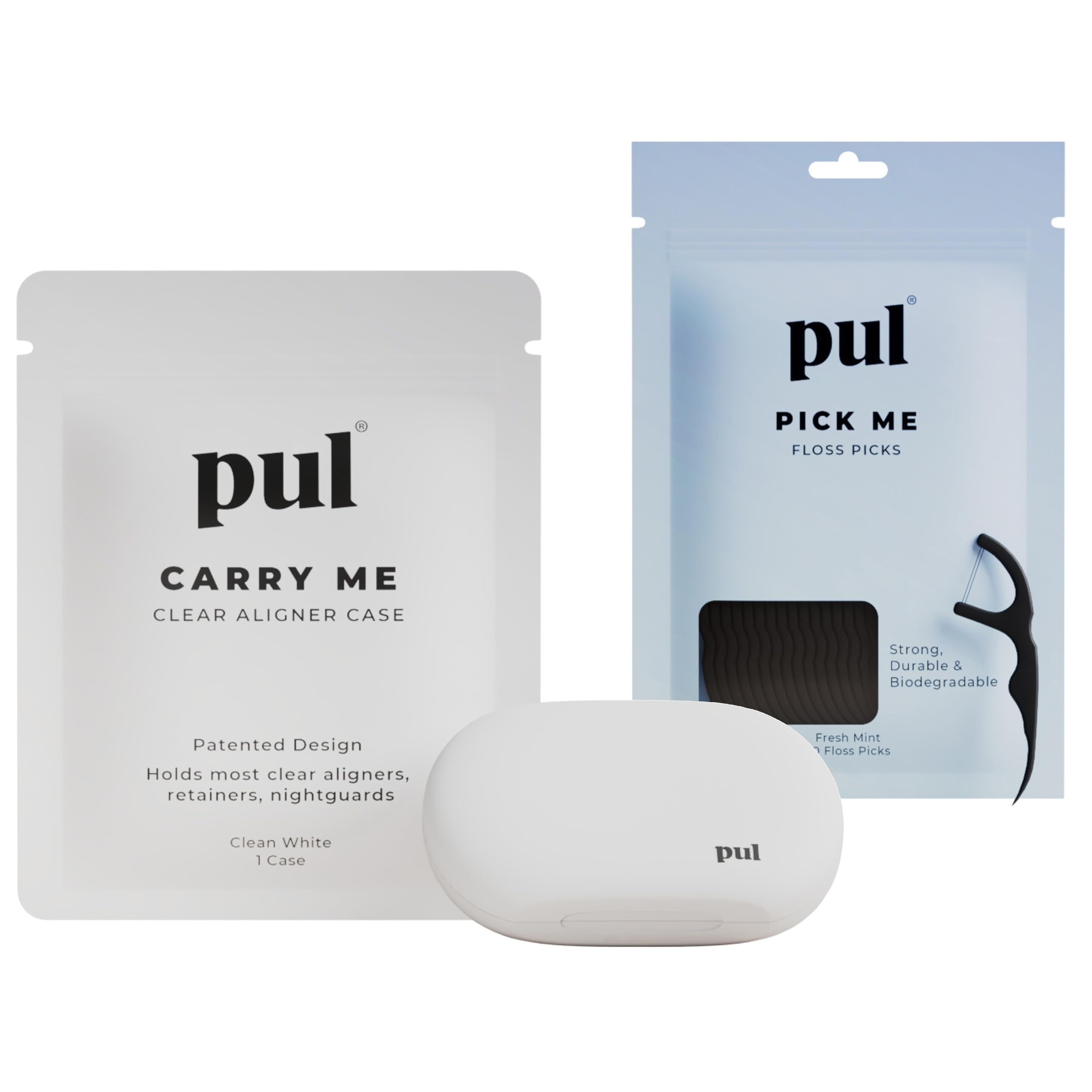 PUL Dental Care Bundle with 50 mint floss picks and a white aligner case for Invisalign, retainers, mouth guards, and night guards.