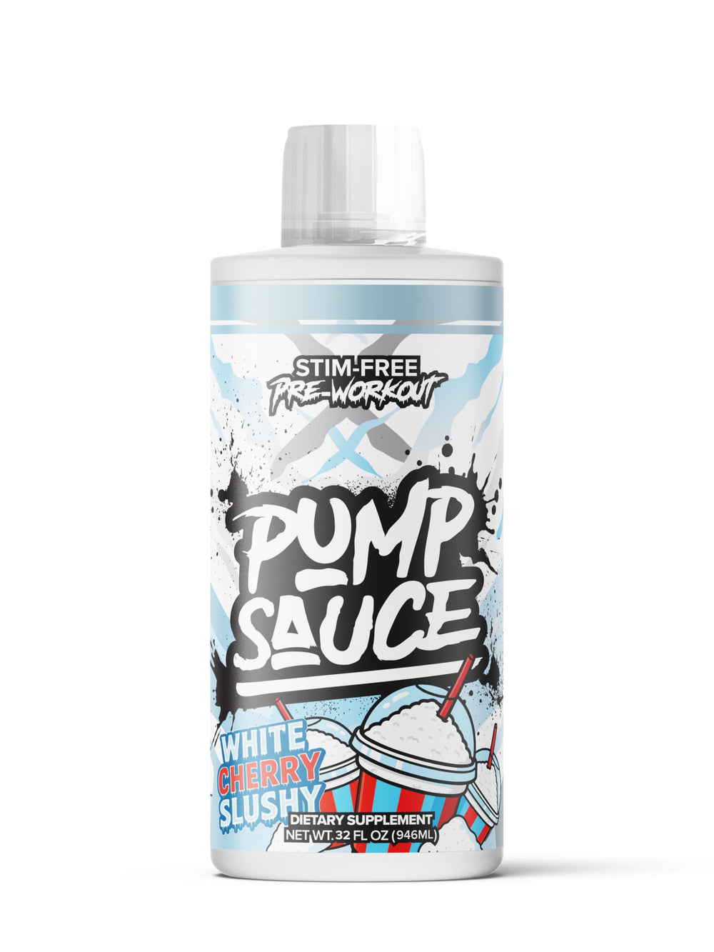 Pump Sauce 32oz bottle in White Cherry flavor, caffeine-free