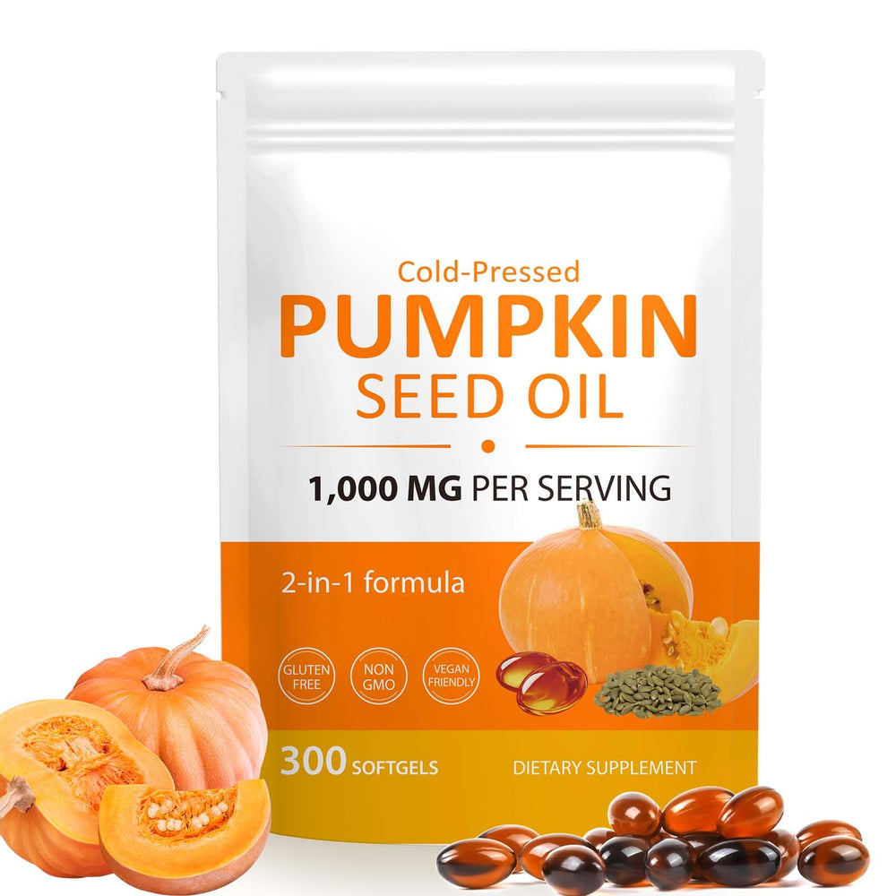 Pumpkin seed oil capsules bottle with 1000mg per serving and 300 softgels