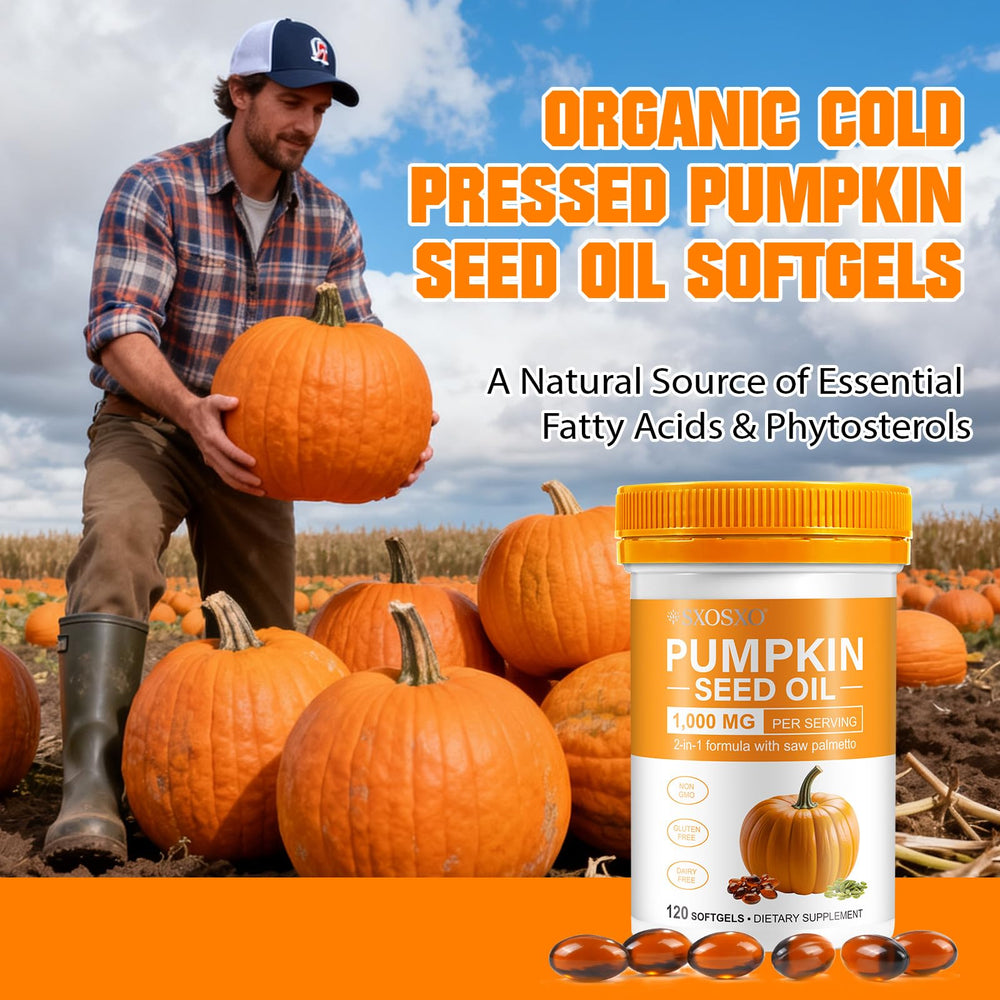 Carton showing 120 pumpkin seed oil softgels