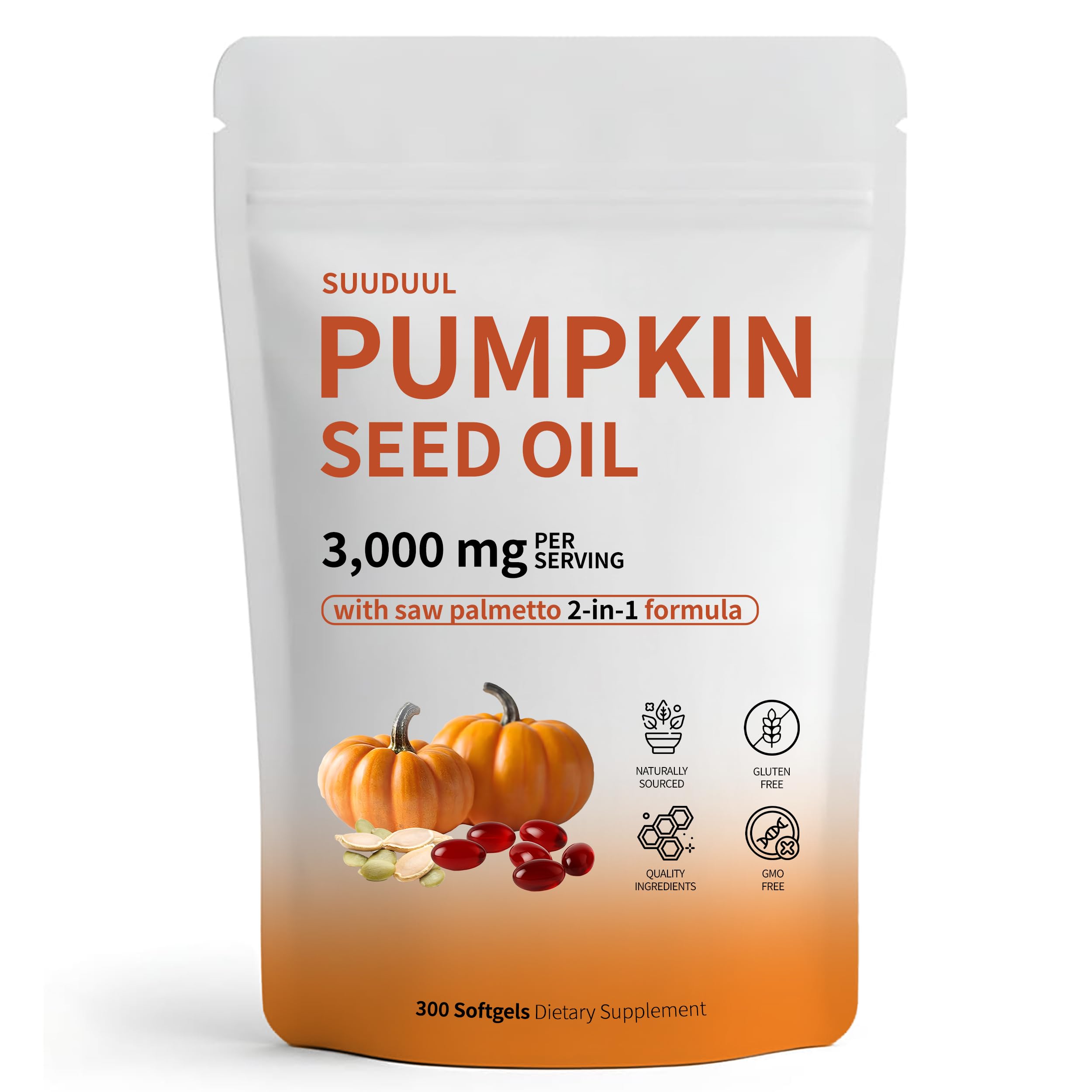 Pumpkin seed oil capsules bottle on white background