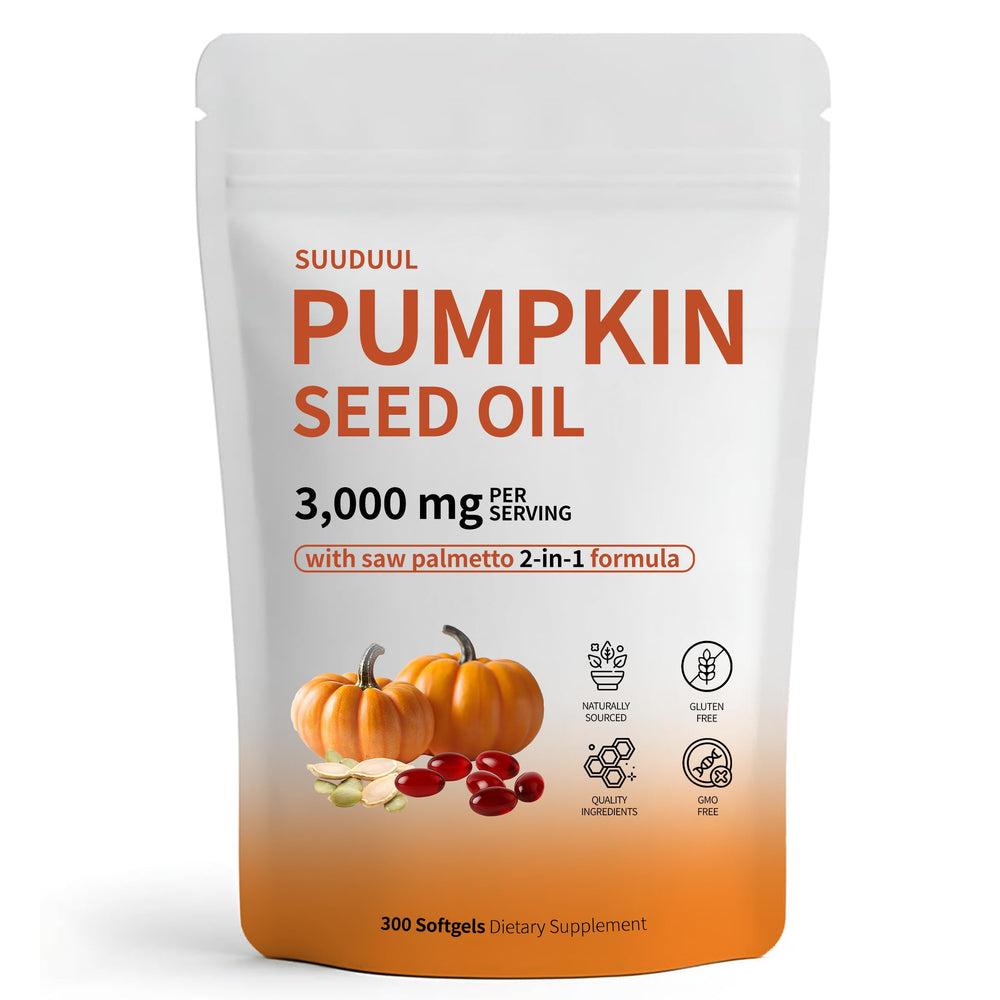 Pumpkin seed oil capsules bottle on white background