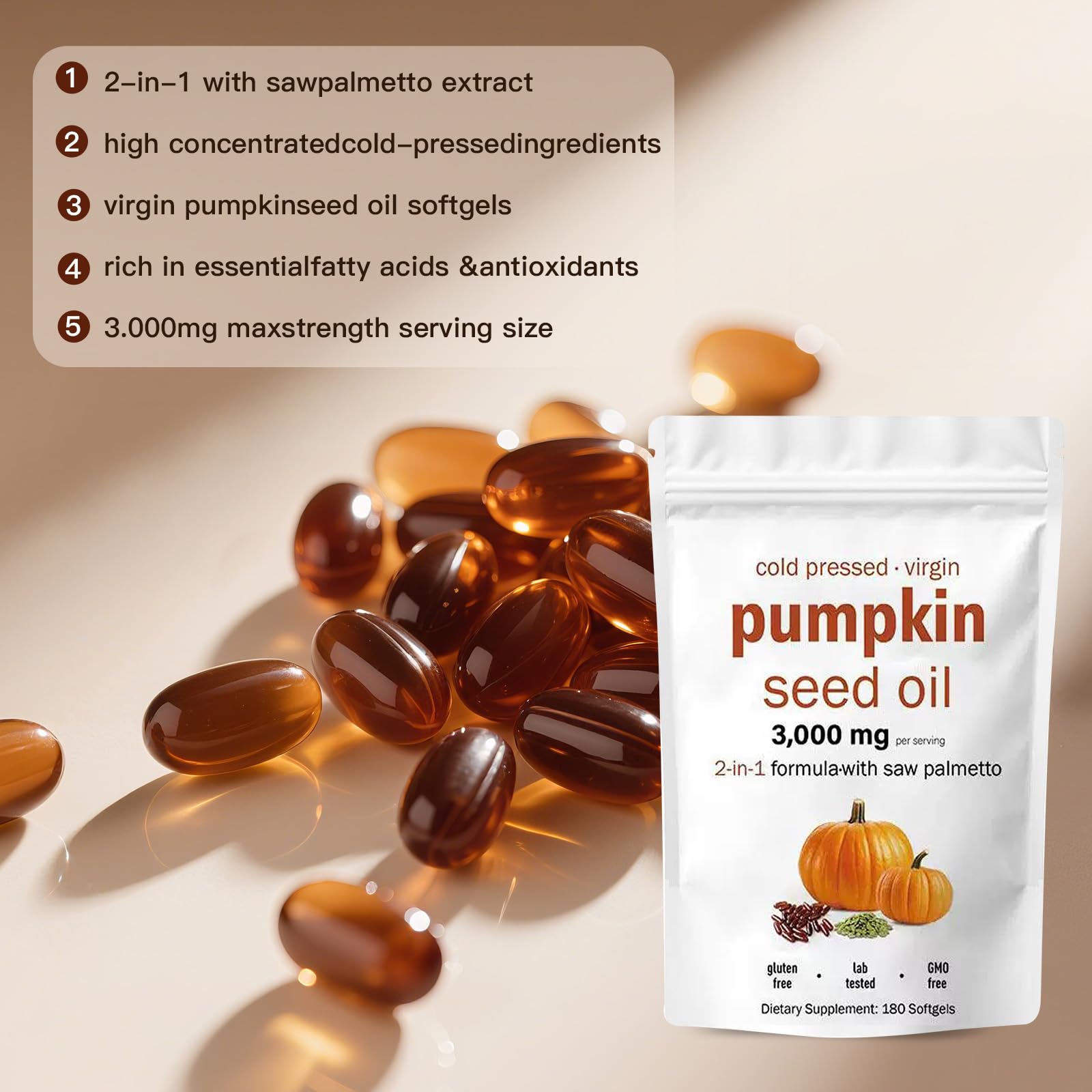 Close-up of softgel capsules showing pumpkin seed oil
