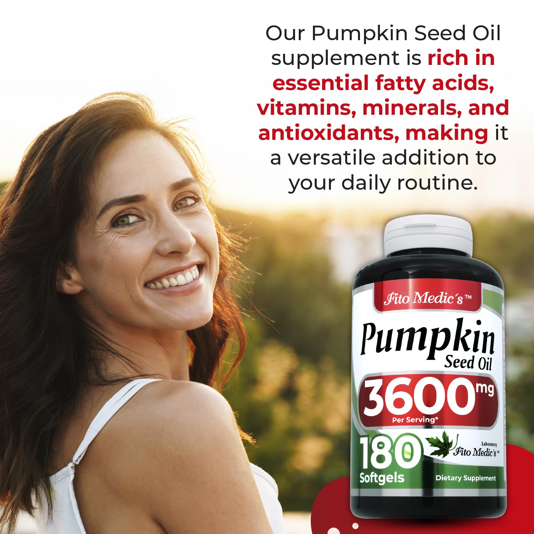 Close-up of pumpkin seed oil concentrate bottle showing 3600 mg