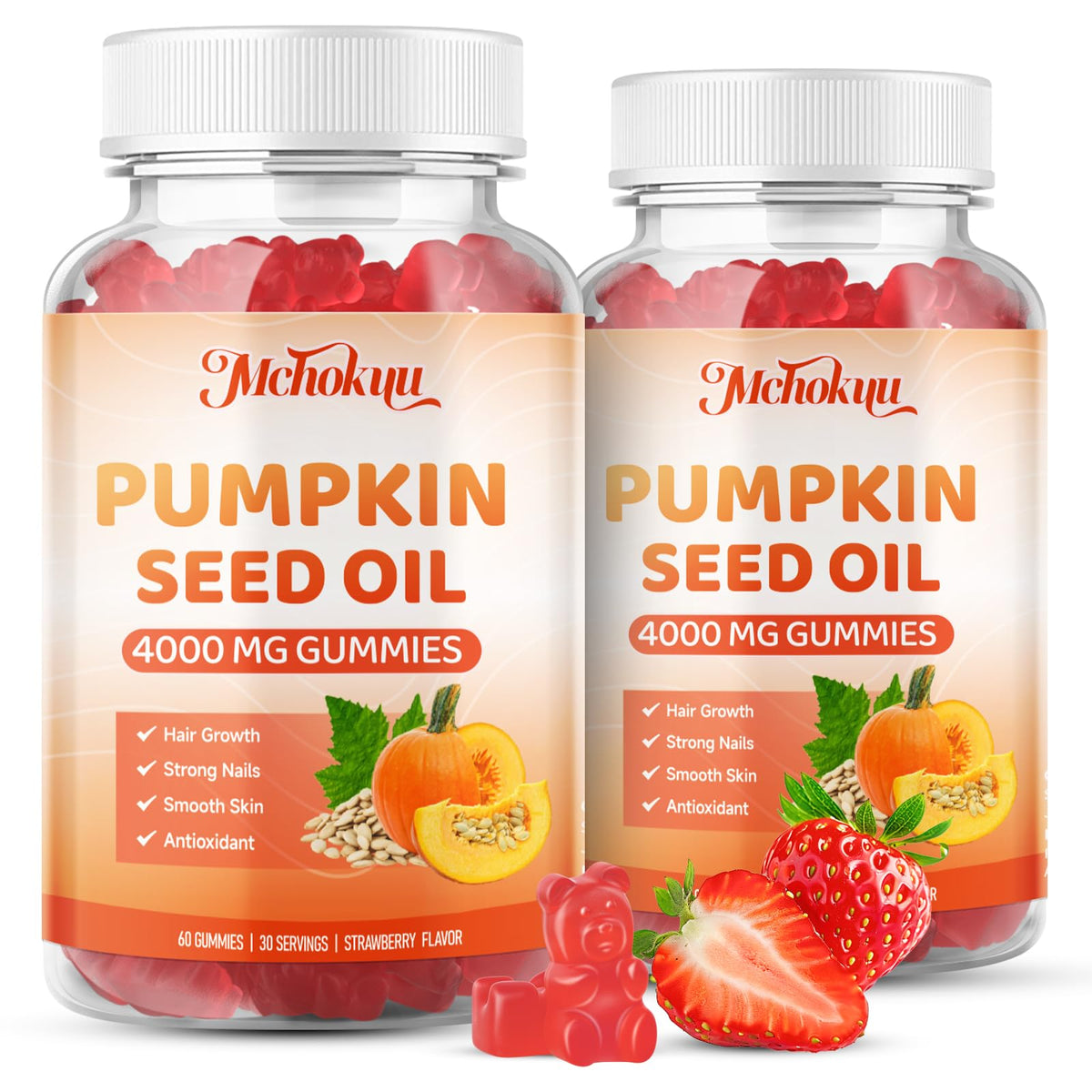 Bottle and packaging of Pumpkin Seed Oil Gummies with Saw Palmetto strawberry flavor