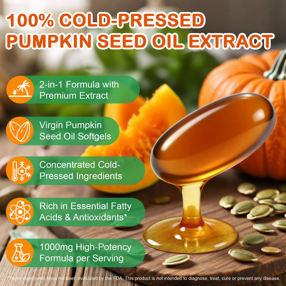 Saw palmetto extract capsules next to pumpkin seed oil