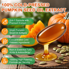 Saw palmetto extract capsules next to pumpkin seed oil