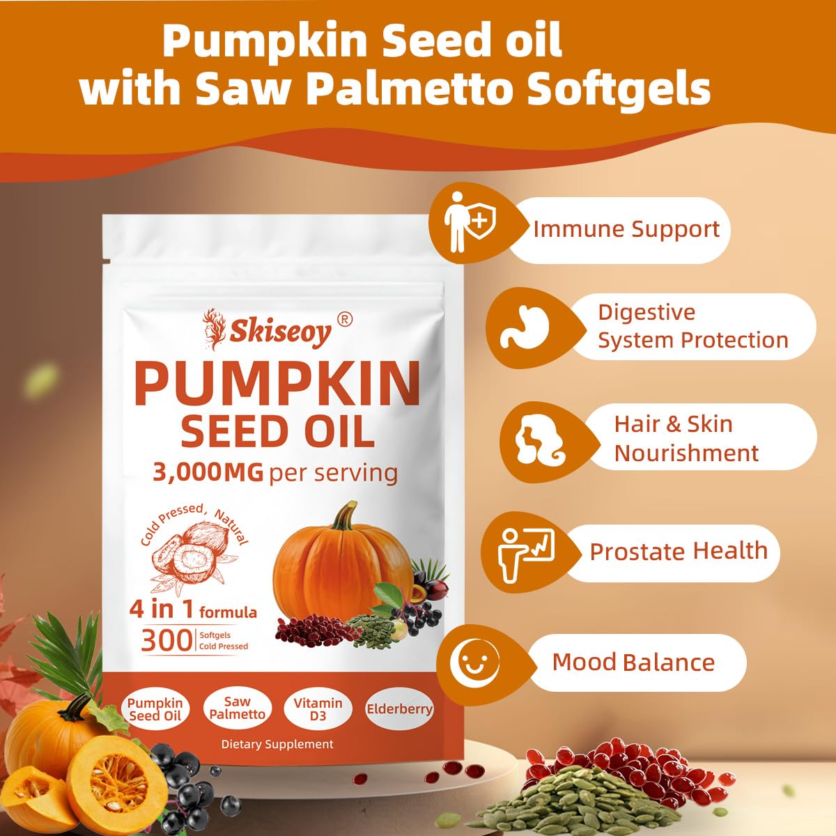 Saw palmetto, elderberry and vitamin D3 ingredients graphic