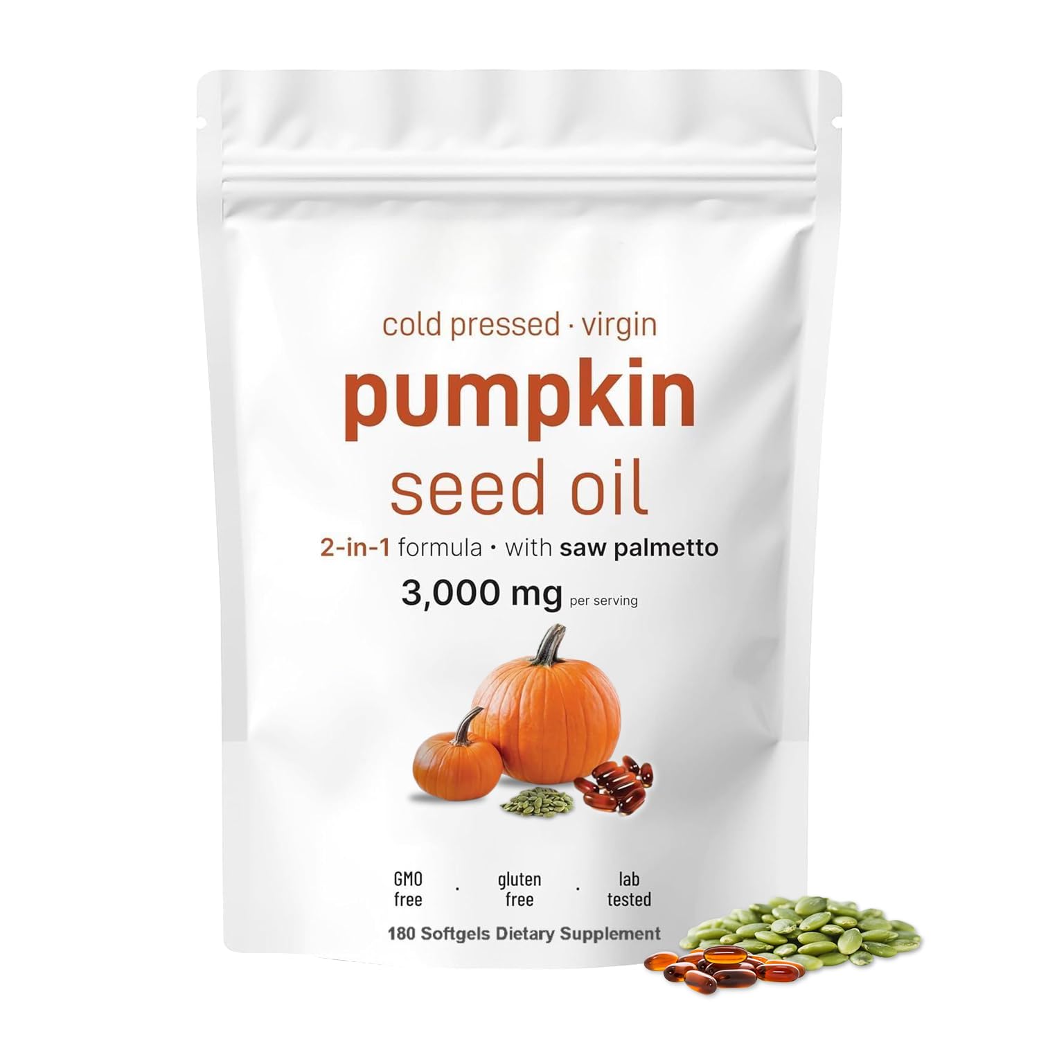 Bottle of pumpkin seed oil with saw palmetto softgels (180 count)