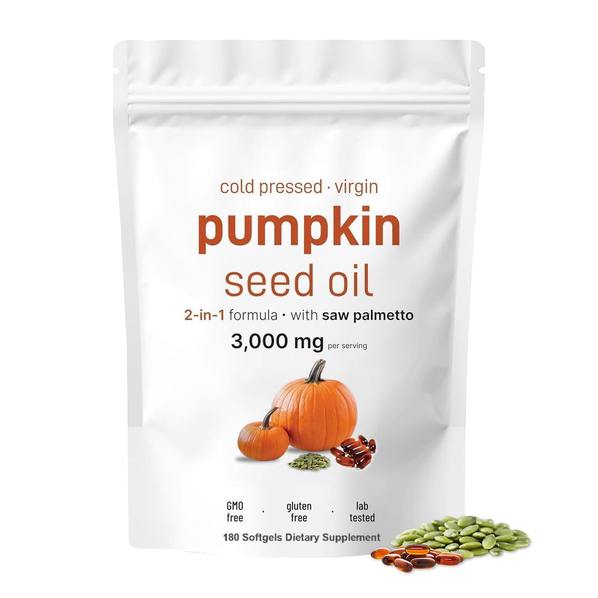 Bottle of pumpkin seed oil with saw palmetto softgels (180 count)