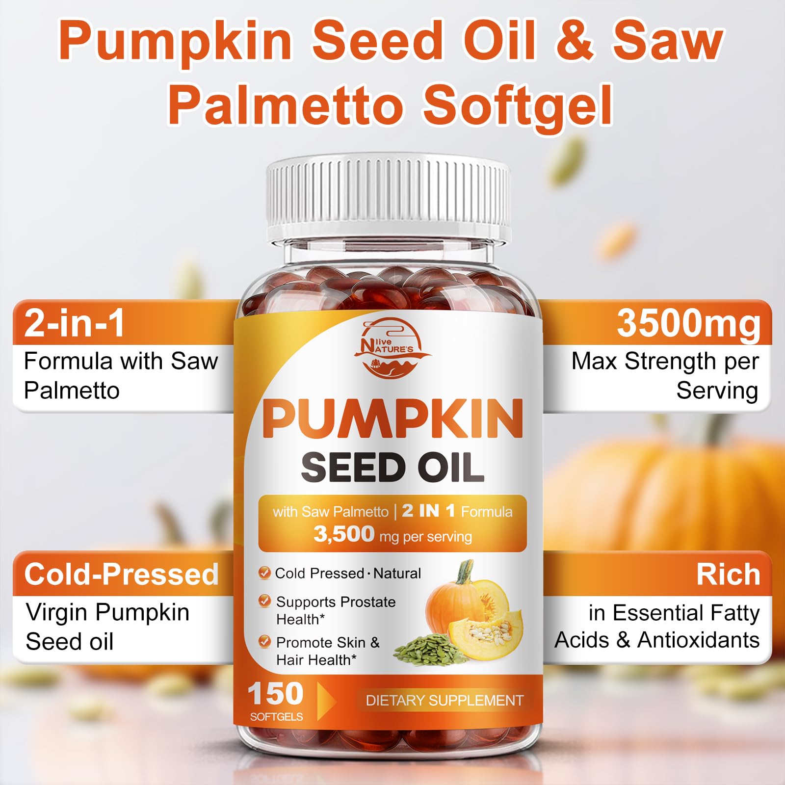 Label close-up of Pumpkin Seed Oil with Saw Palmetto