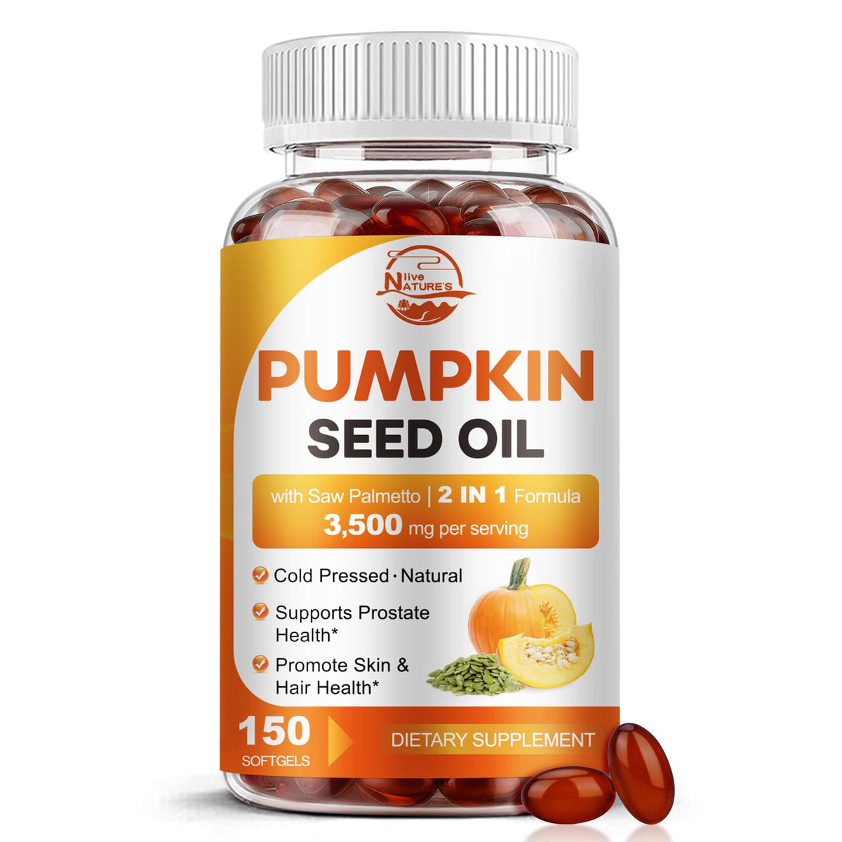 Pumpkin Seed Oil with Saw Palmetto bottle and 150 softgels