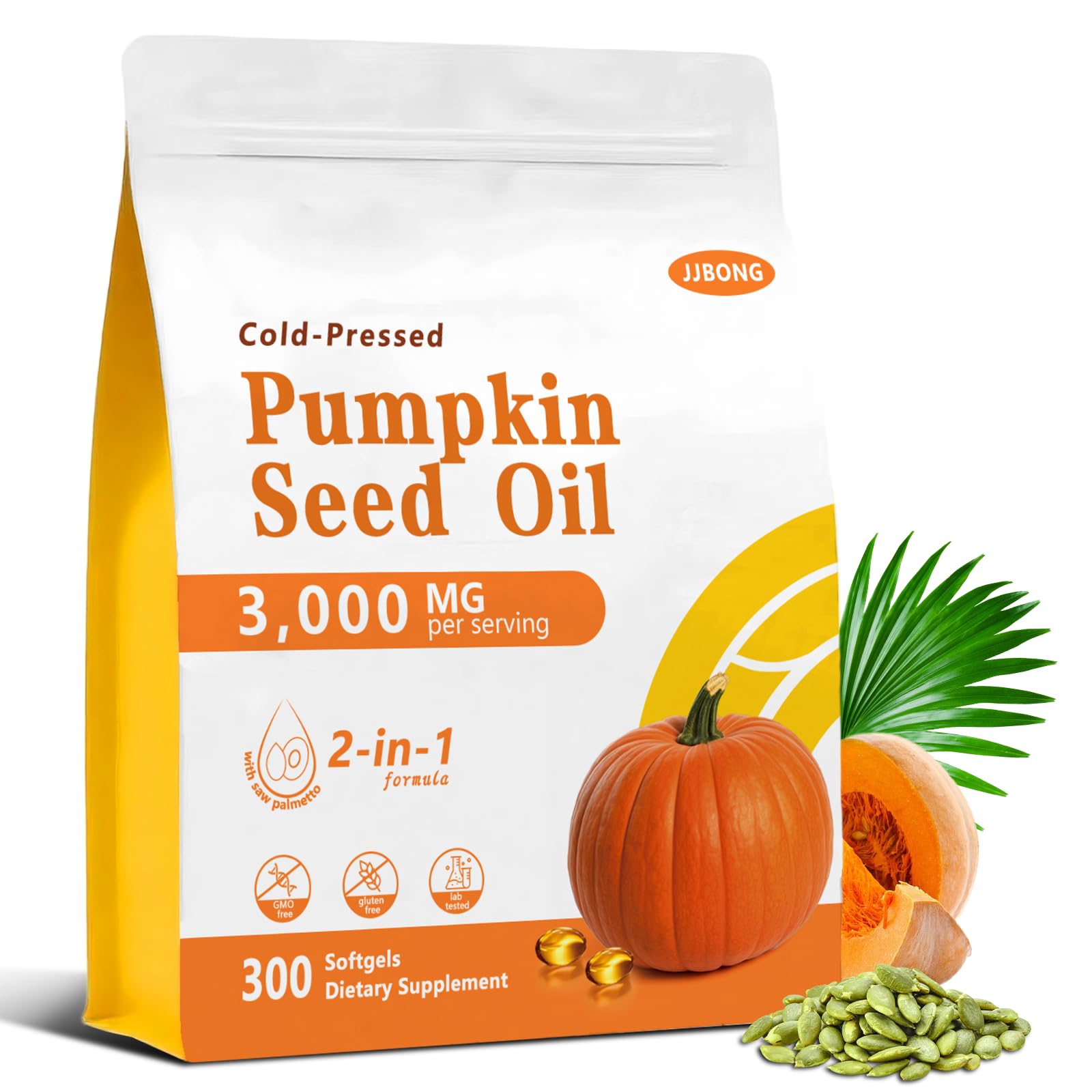 Bottle of cold-pressed pumpkin seed oil with saw palmetto capsules, 3000 mg per serving.