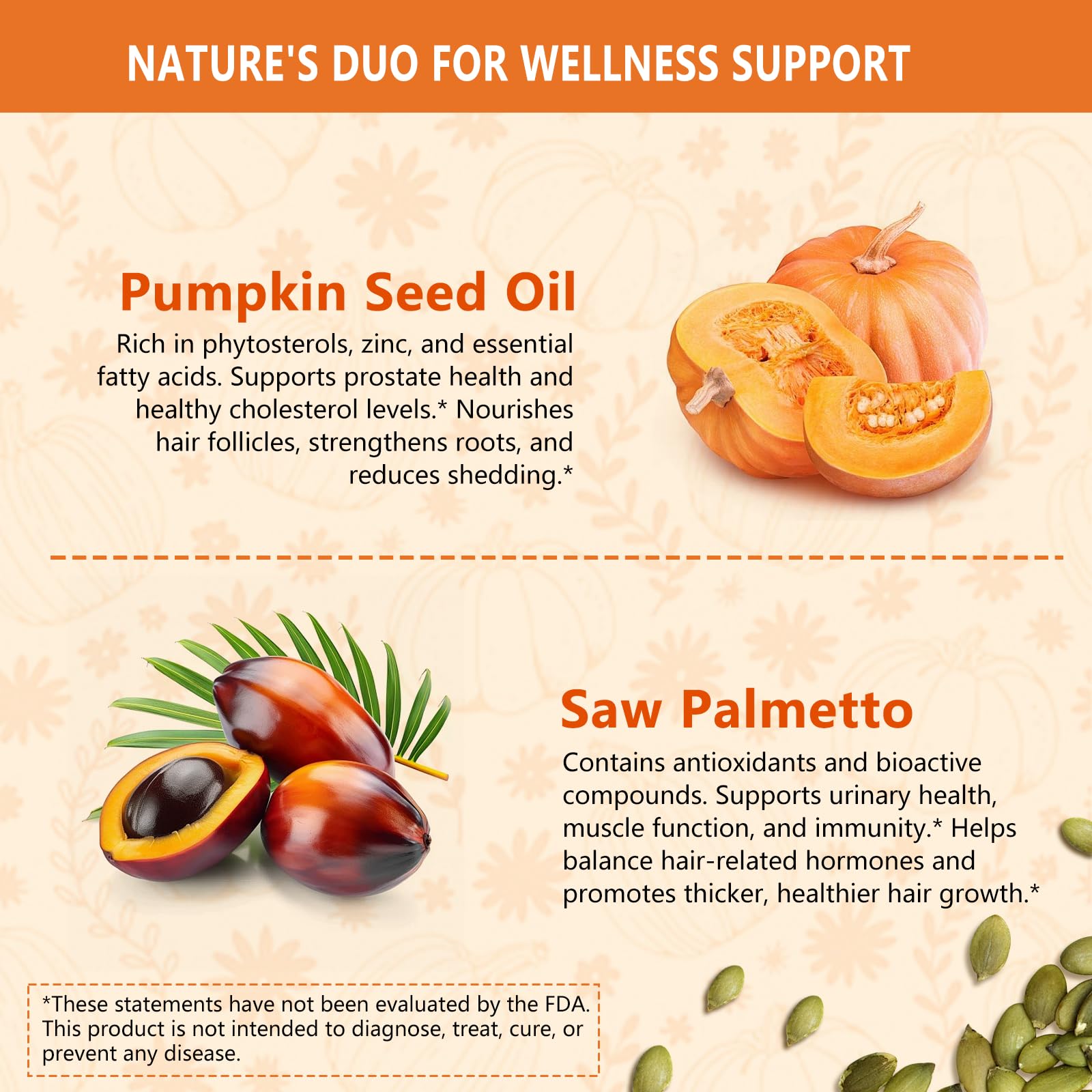 Close-up of pumpkin seed oil and saw palmetto capsules