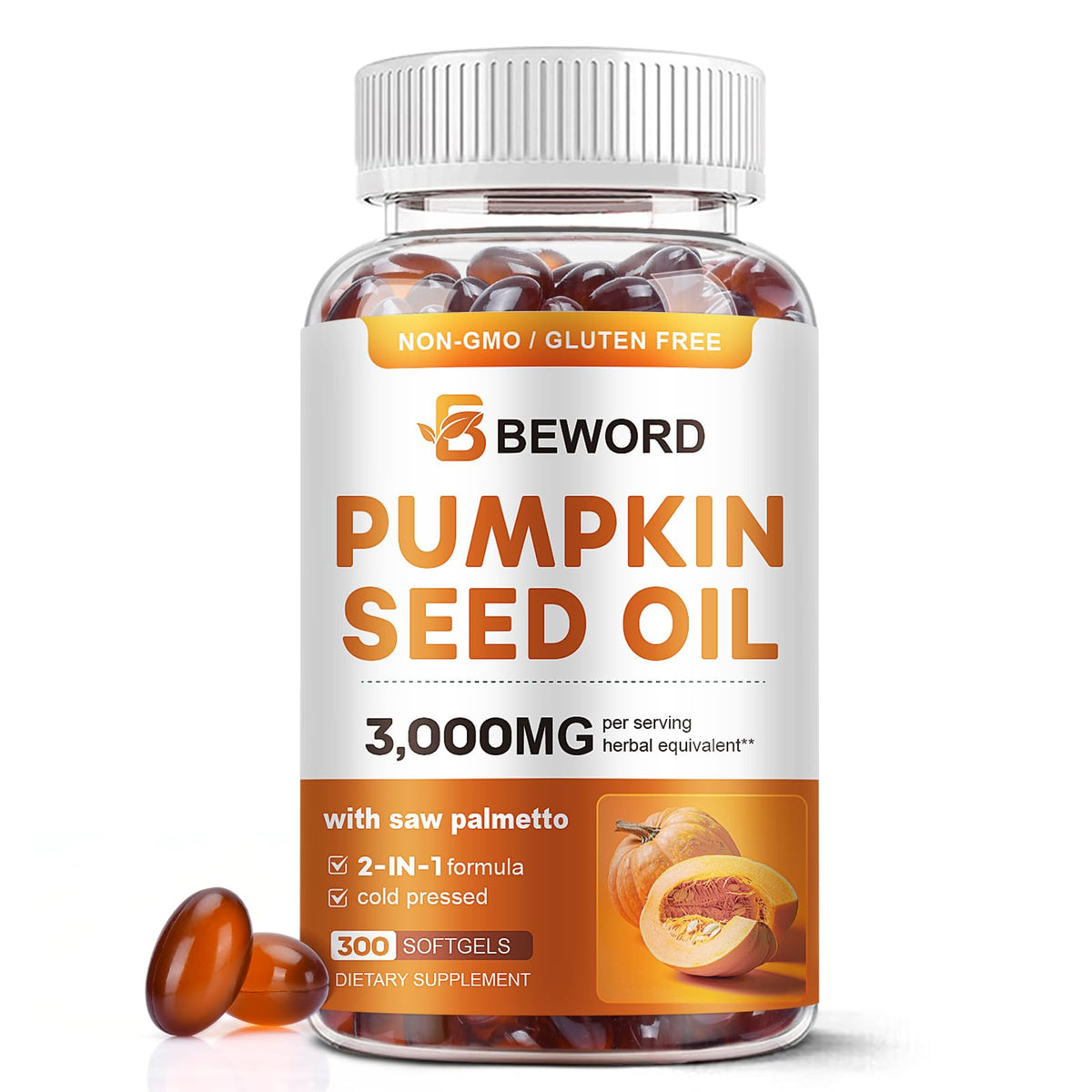 Front label of pumpkin seed oil with saw palmetto softgels