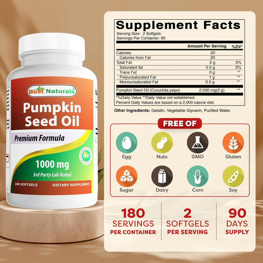 Close-up of pumpkin seed oil softgel capsules showing 1000 mg