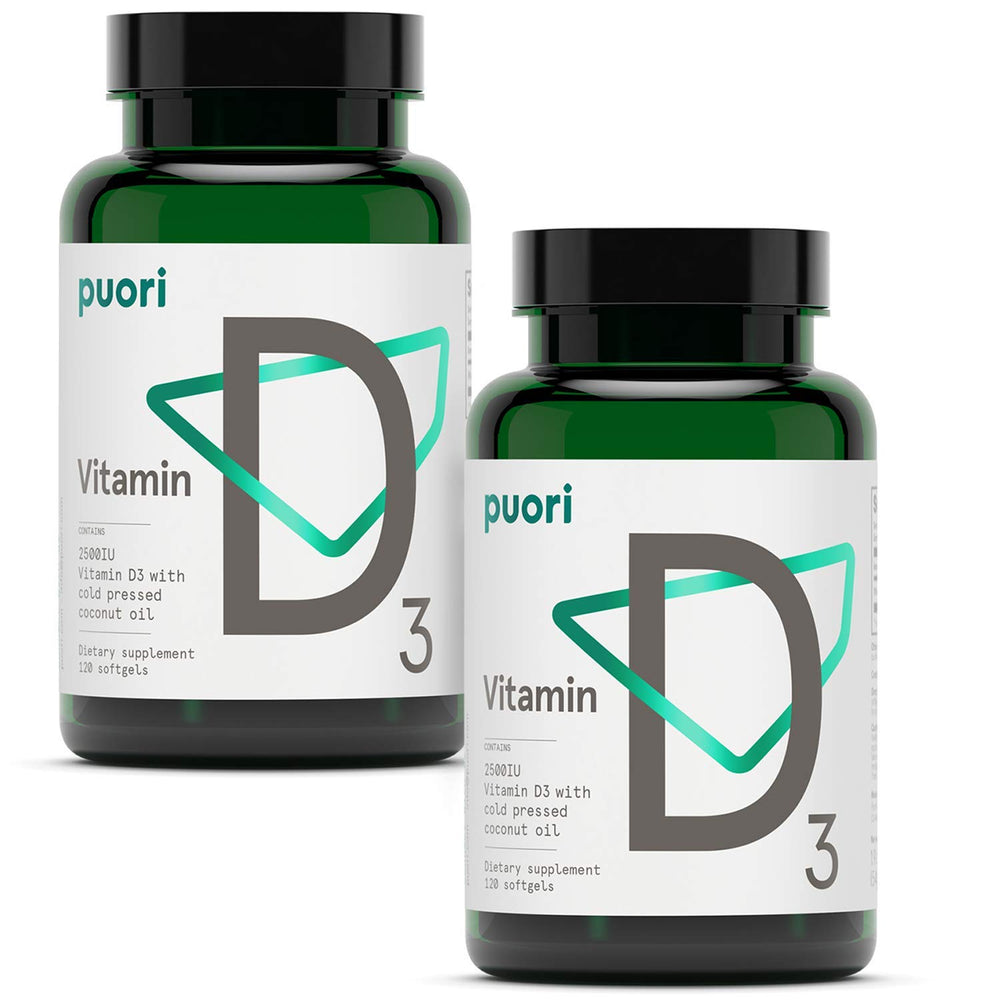 Front view of Puori Vitamin D3 Softgels bottle, 240 count