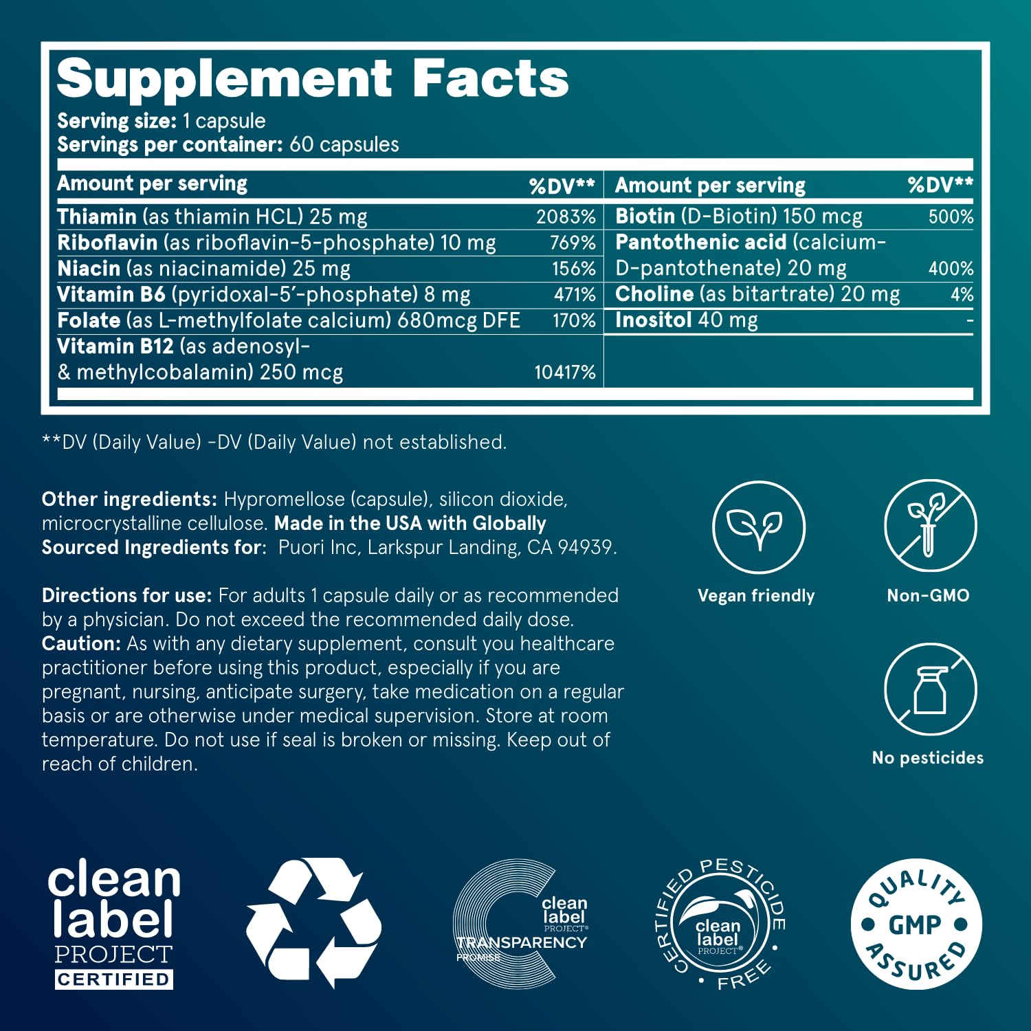 Puori supplement facts label close-up highlighting methylated B9 and B12 for transparency