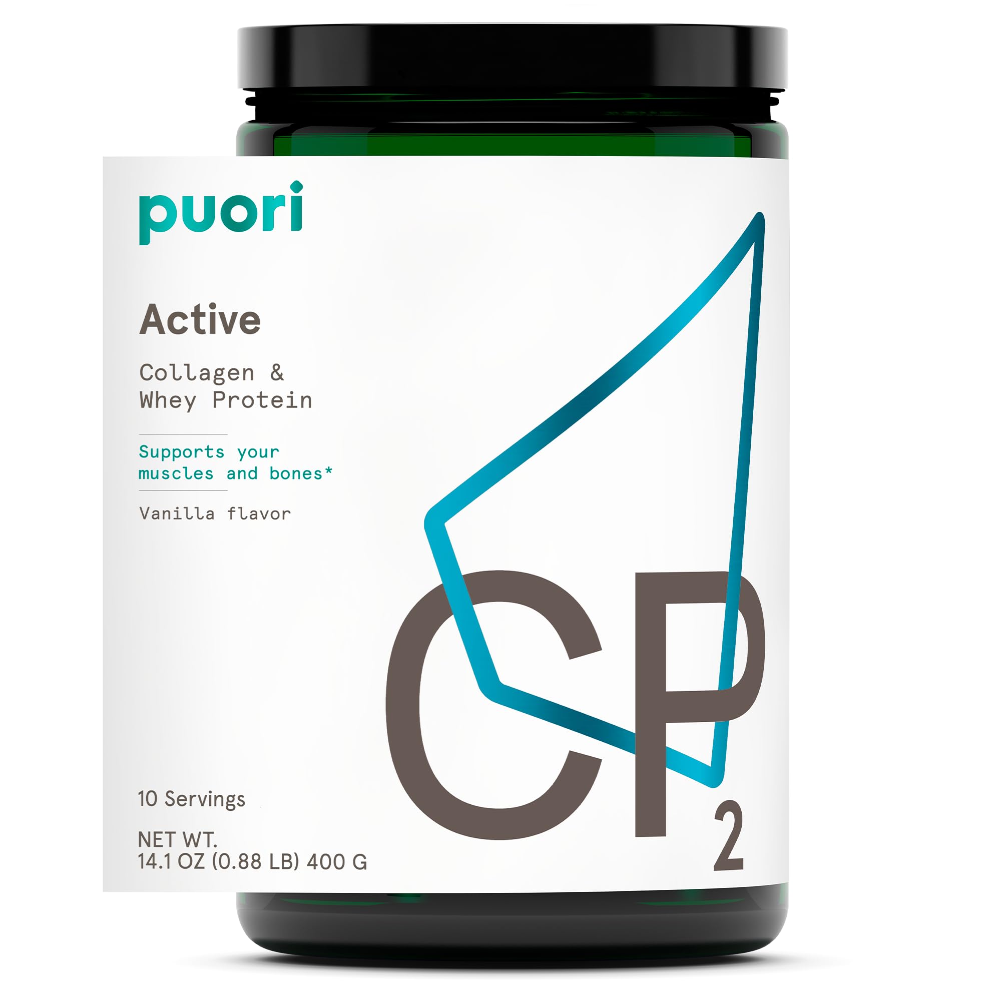 Puori whey protein CP2 Active tub highlighting clean ingredients for muscle support