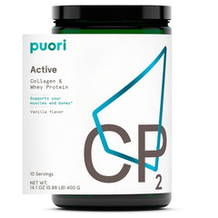 Puori whey protein CP2 Active tub highlighting clean ingredients for muscle support
