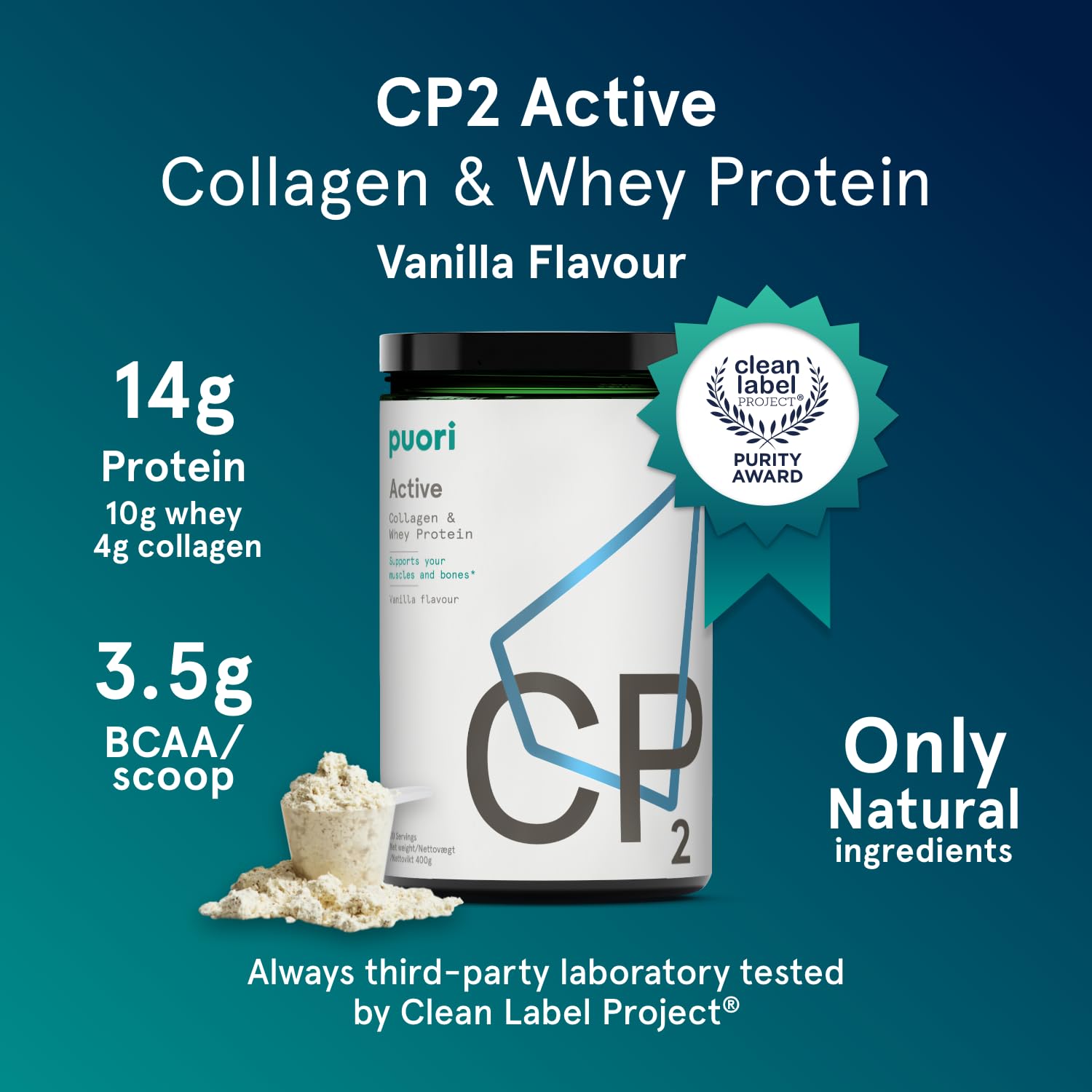Puori whey protein ingredients panel showing a simple recovery formula