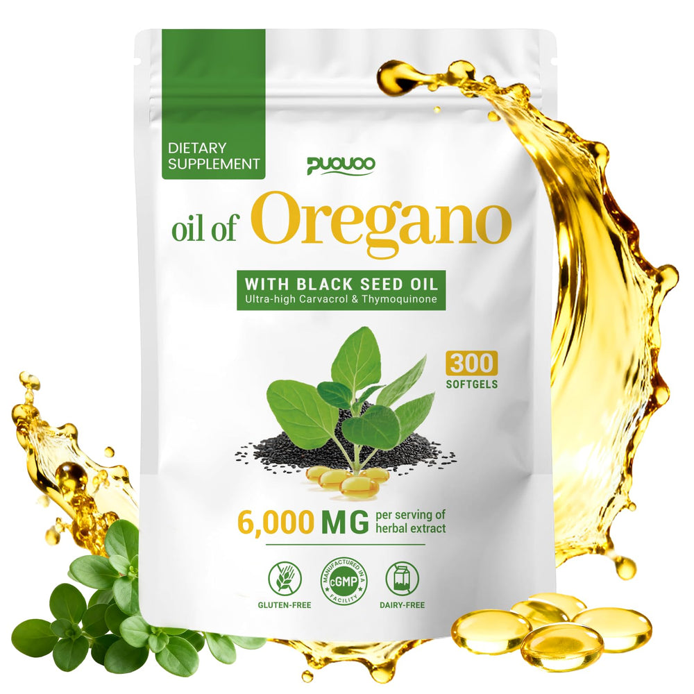 Puouoo 2-in-1 Oil of Oregano Capsules packaging front with 300 softgels