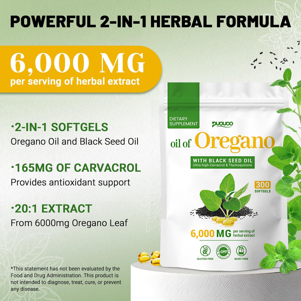 Close-up of Puouoo 2-in-1 oregano oil capsules bottle