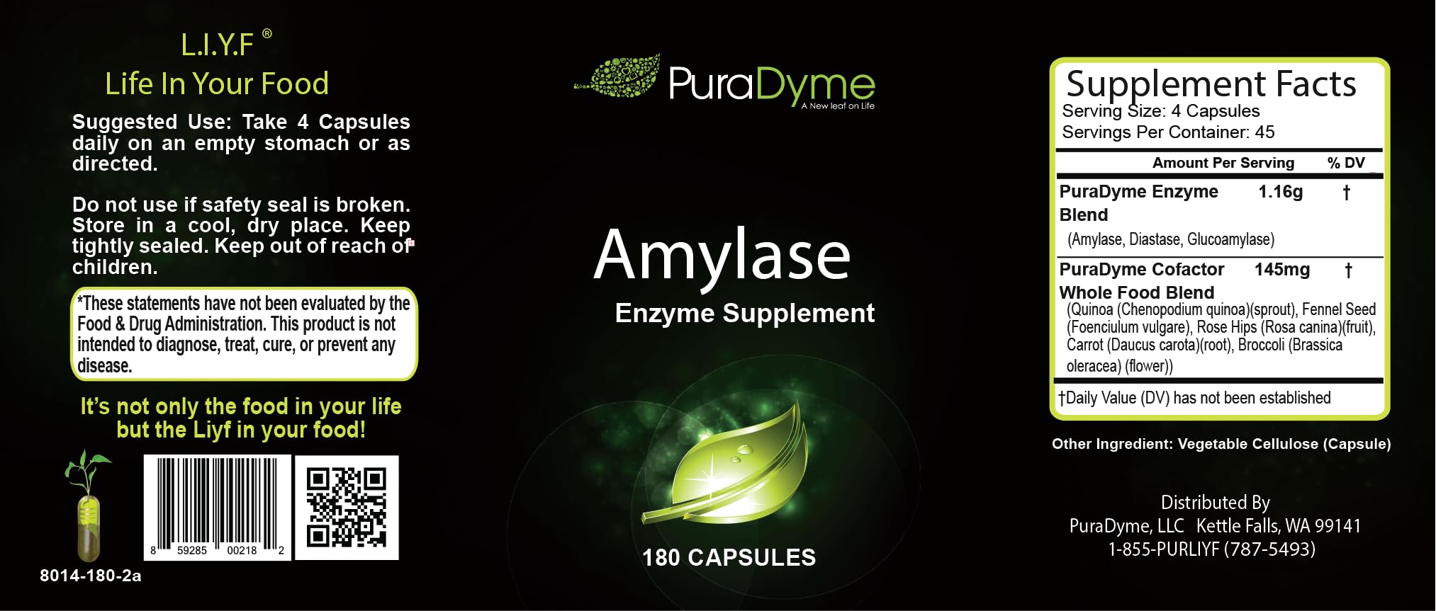 PuraDyme Amylase 180 Capsules bottle back label with supplement facts