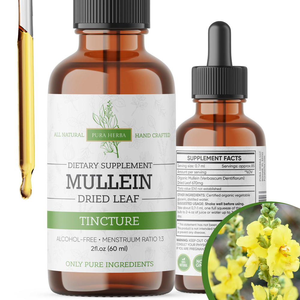 Front view of Pura Herba Mullein Tincture 2oz bottle