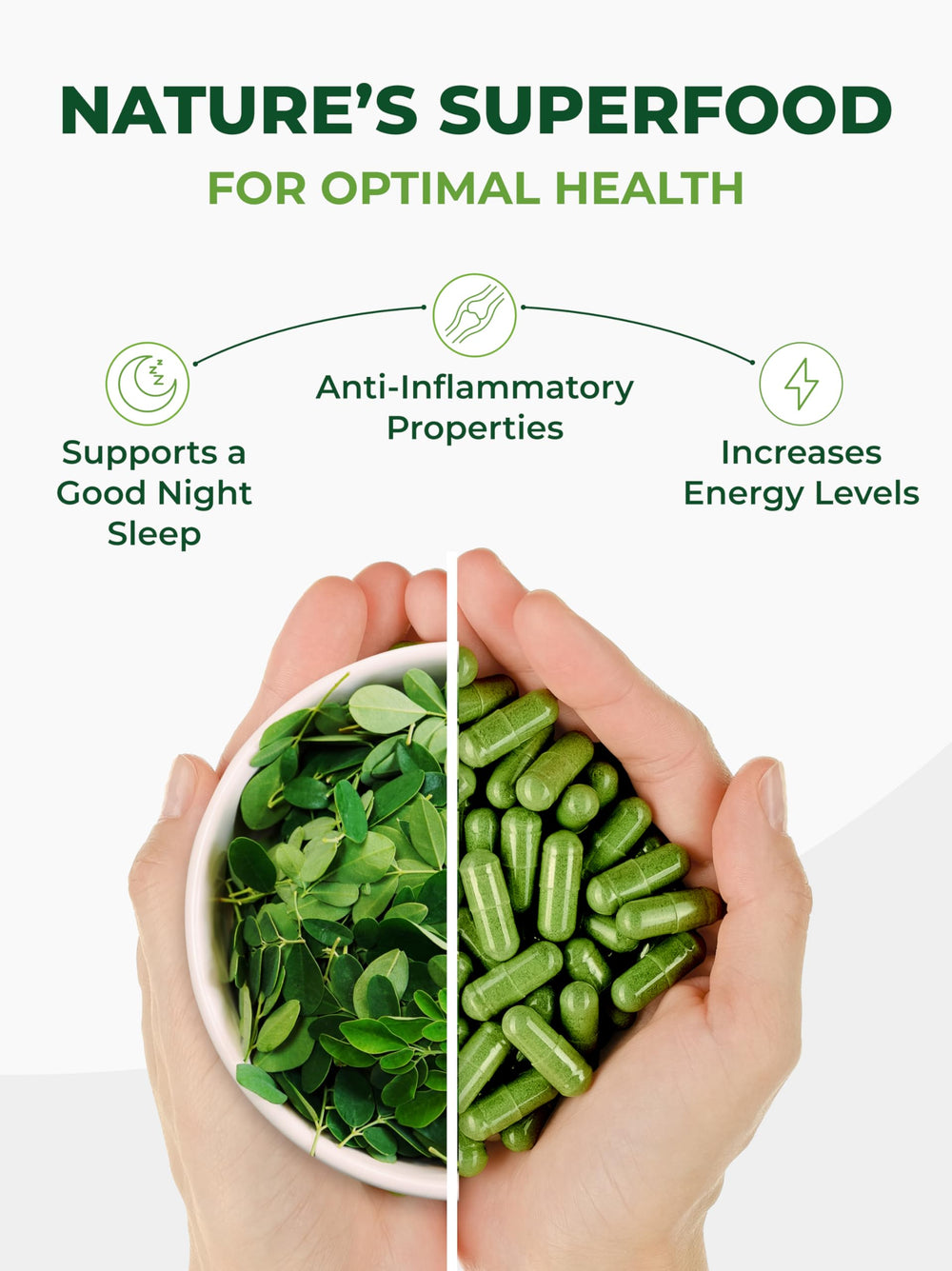 Pura Vida Moringa capsules showing 500 mg per capsule