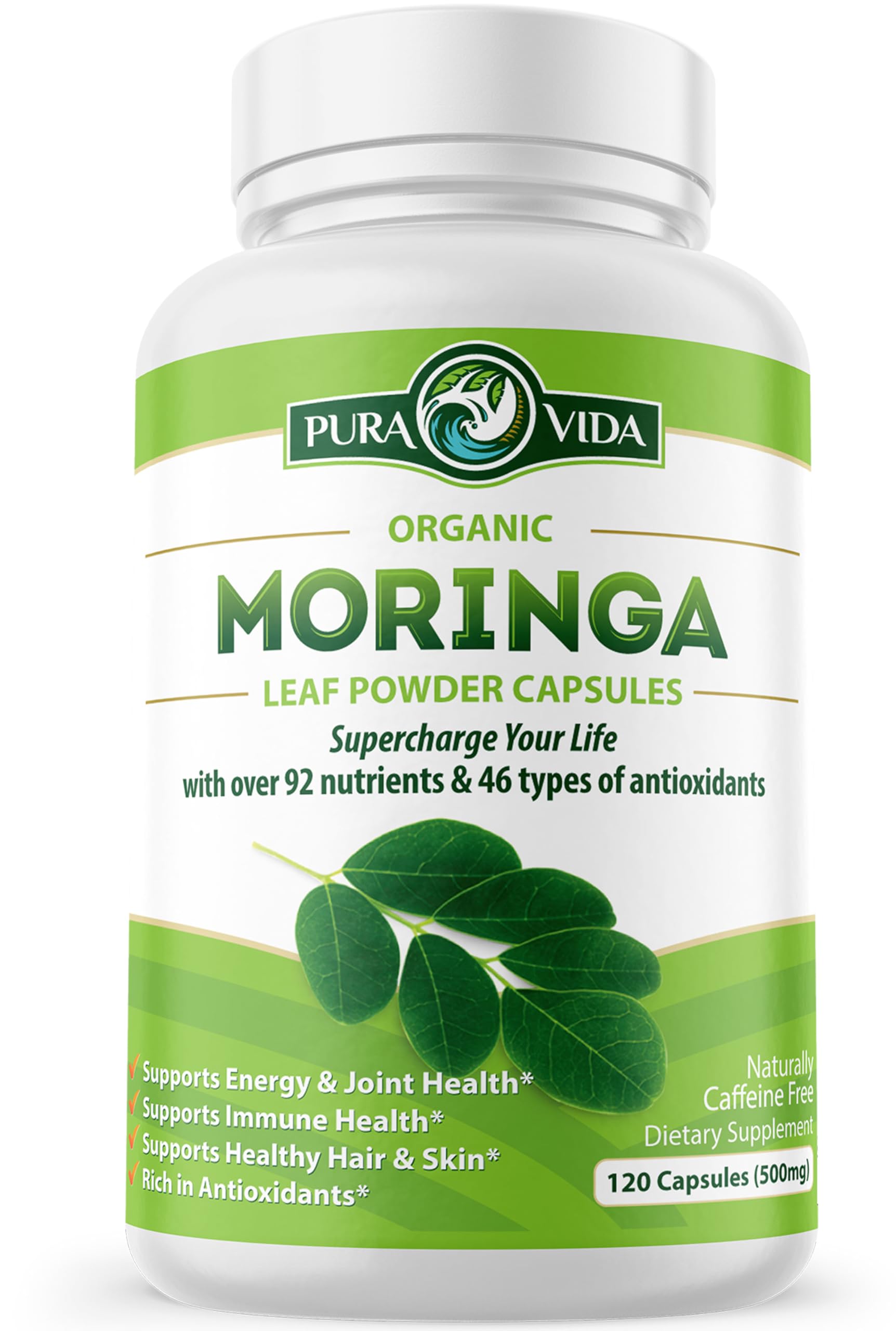 Pura Vida Moringa capsules bottle on white background