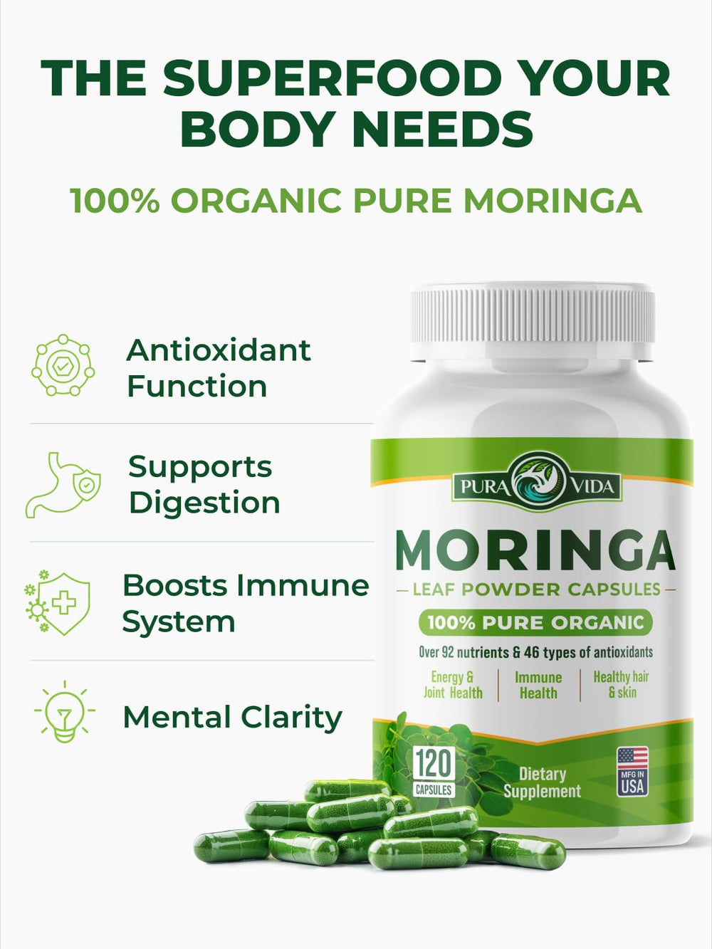 Pura Vida Moringa organic label confirms certified quality.
