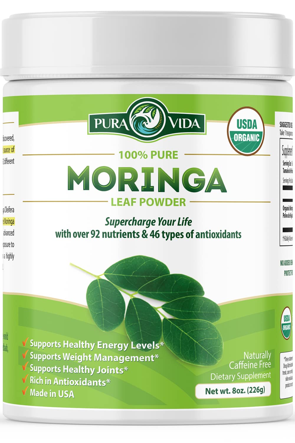 Front view of PURA VIDA Moringa Organic Powder 8 oz