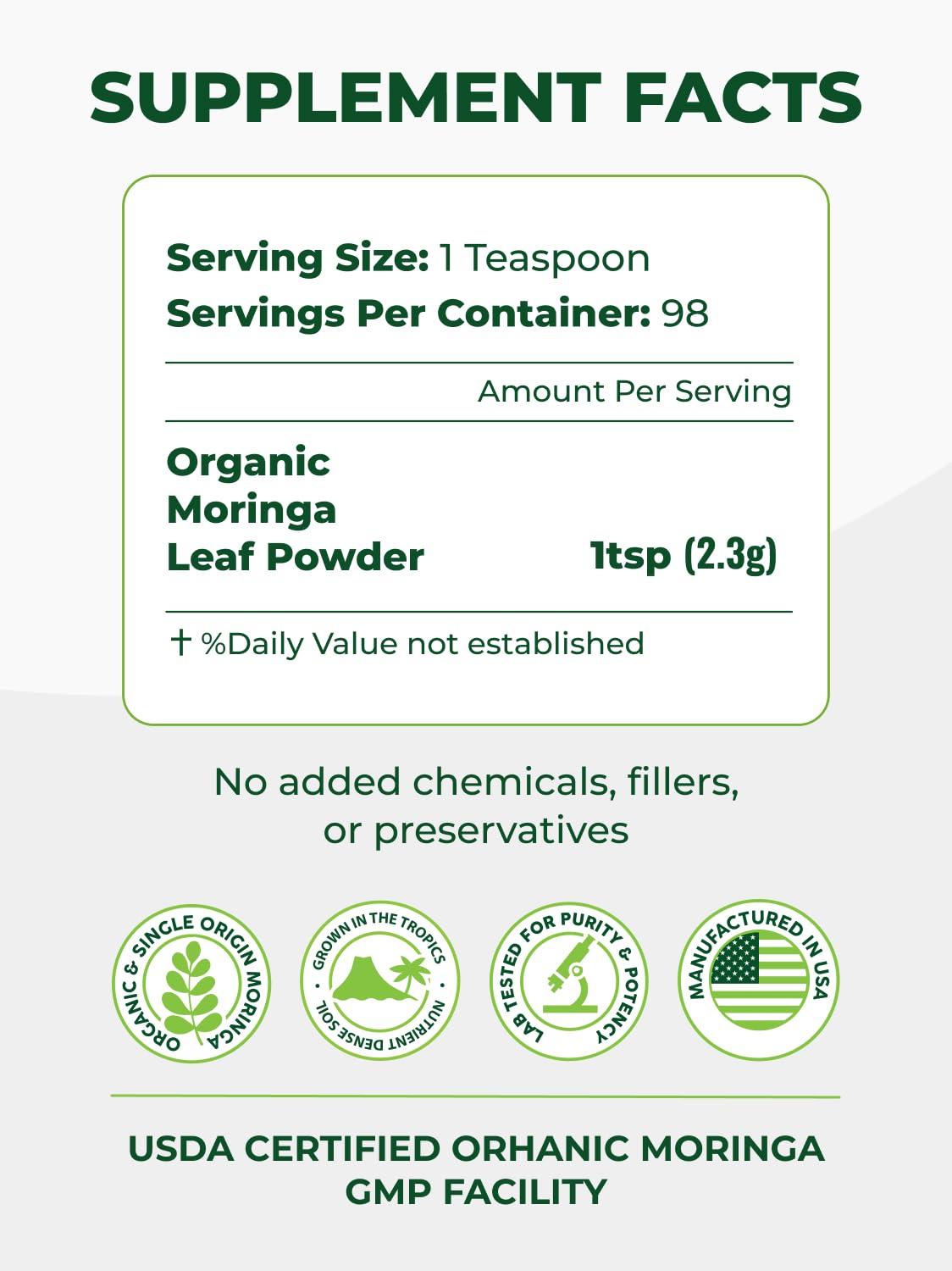 Close-up of 100% moringa leaf powder in scoop
