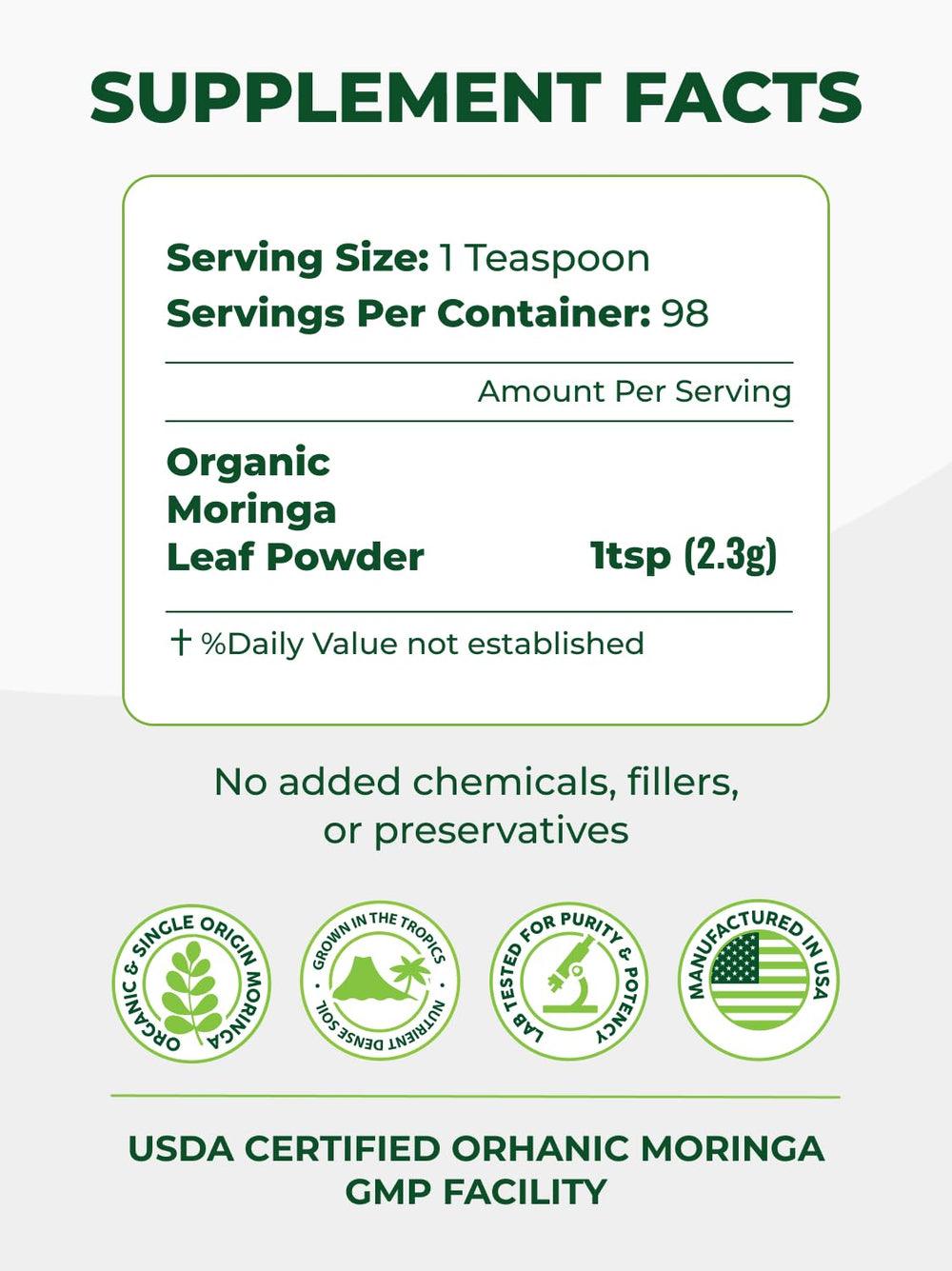 Close-up of 100% moringa leaf powder in scoop