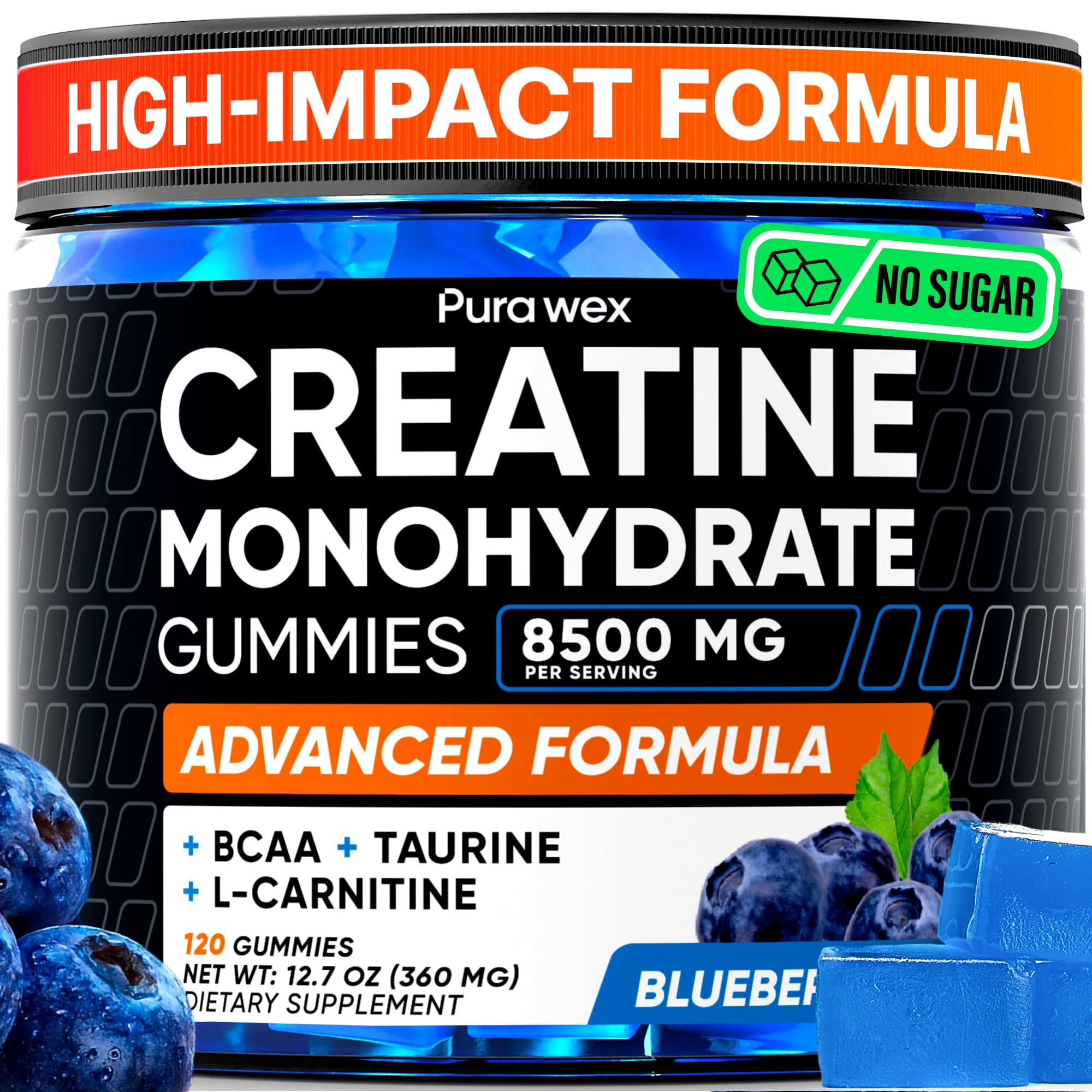 PURA WEX Creatine Monohydrate Gummies Blueberry flavor 120 count front packaging